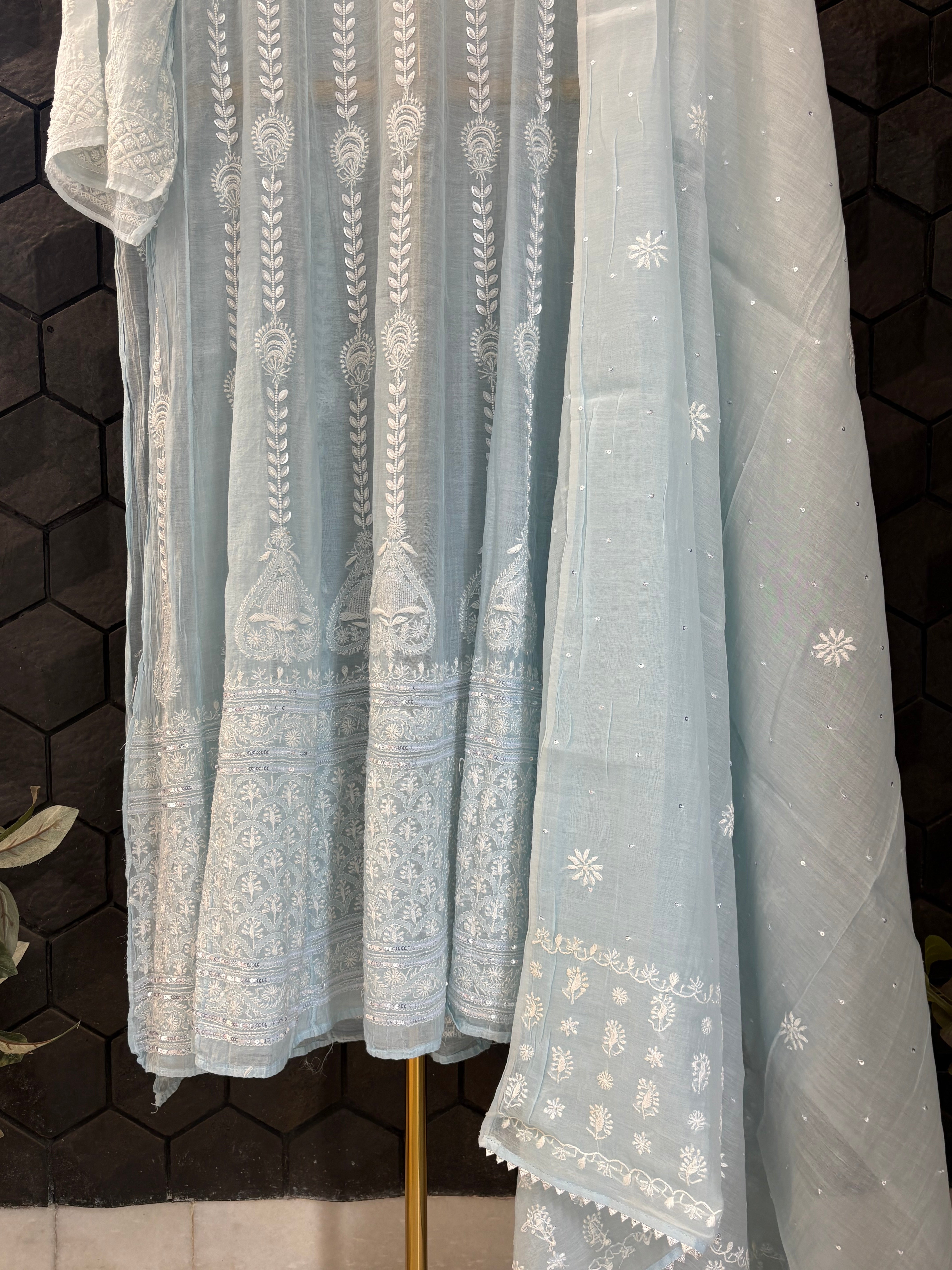 Ombre Blue Mul Chanderi Anarkali Set