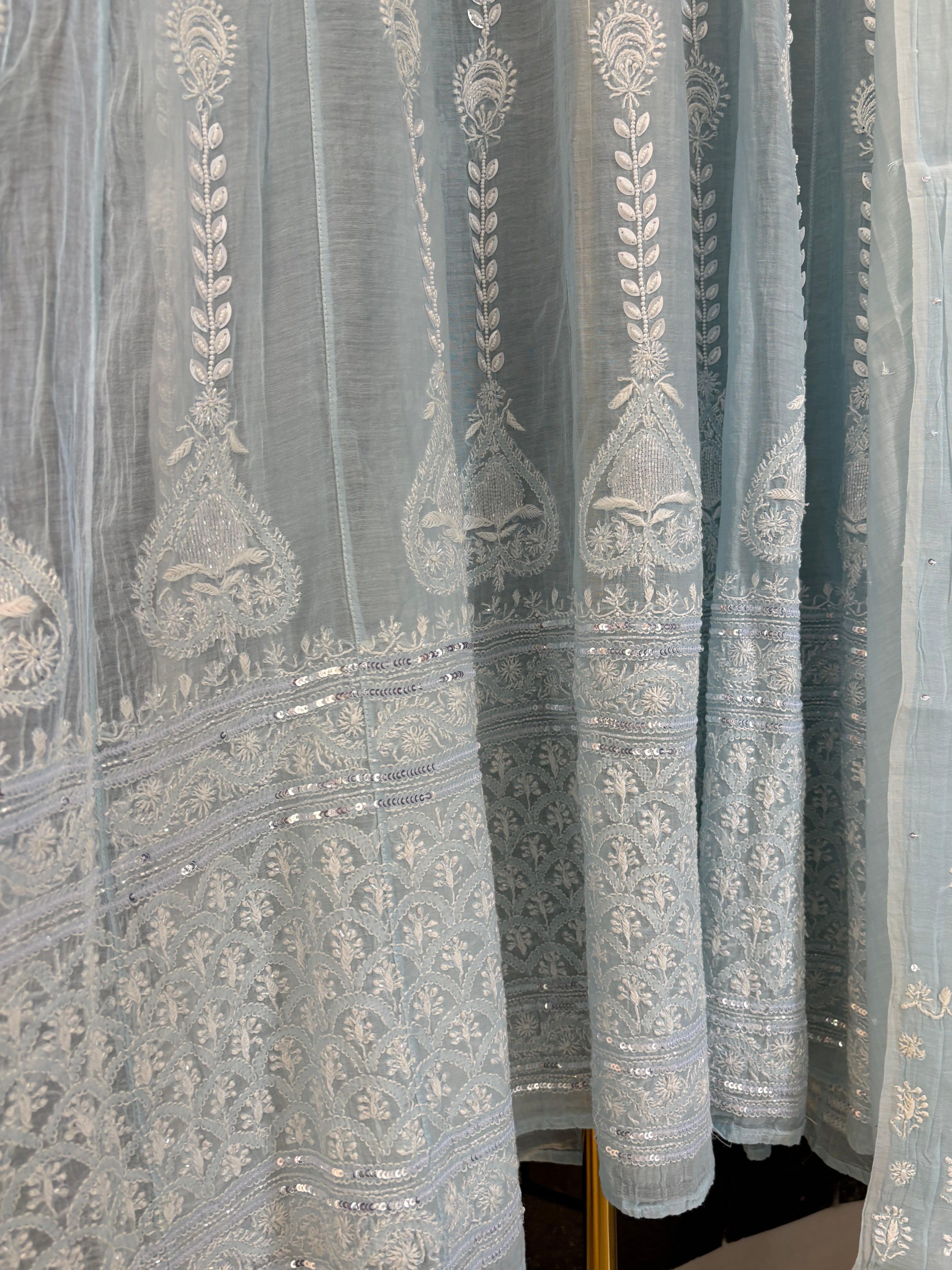 Ombre Blue Mul Chanderi Anarkali Set