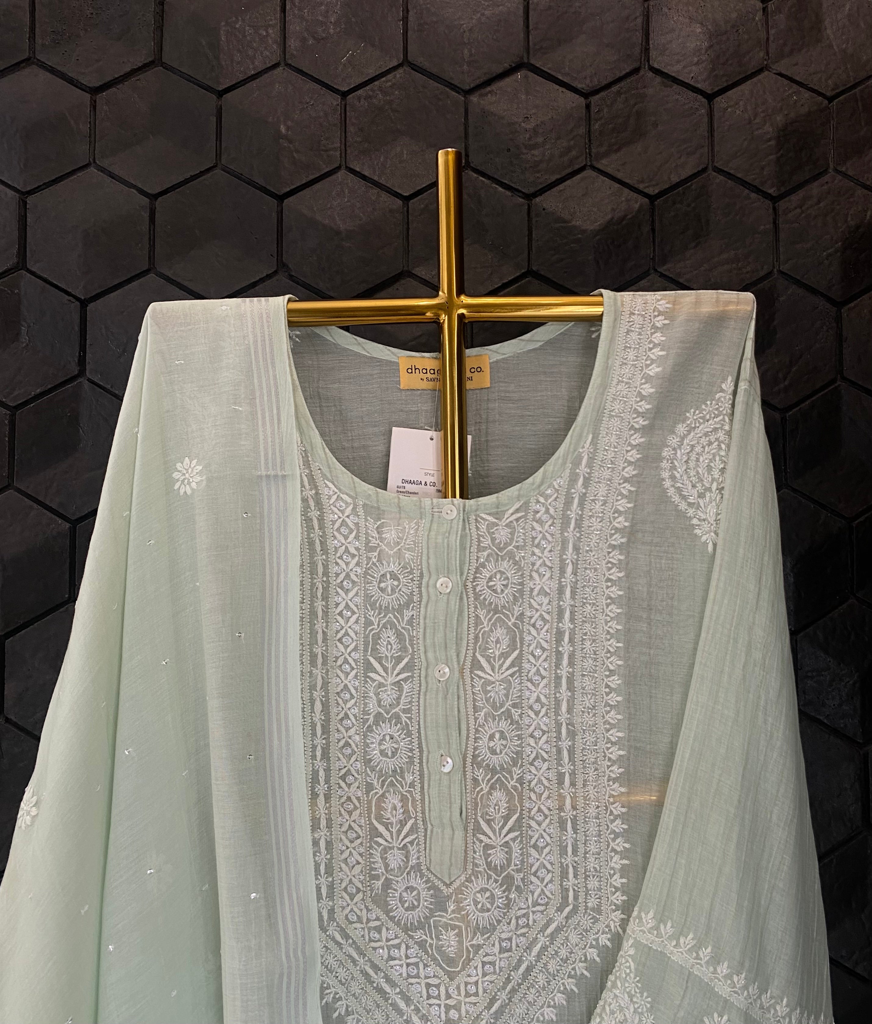 Green Chanderi Chikankari Kurta Set