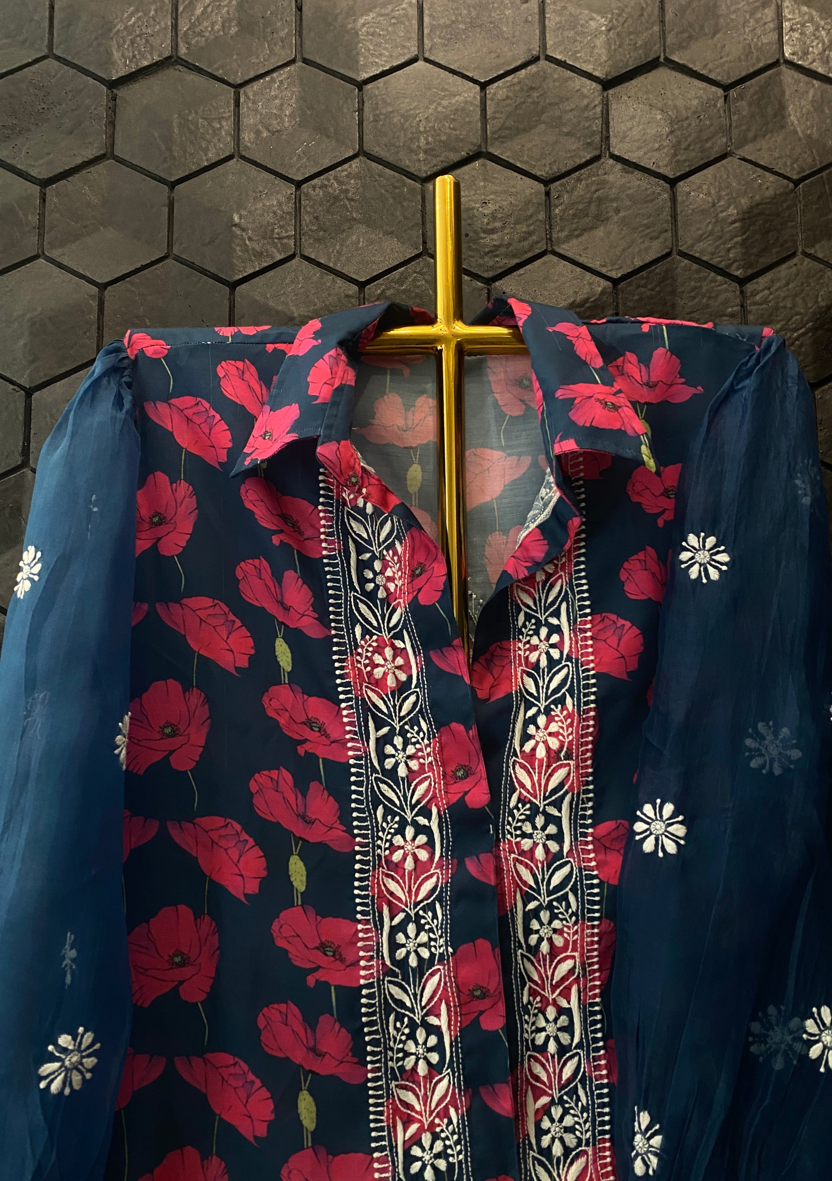 Blue Printed Chikankari Shirt