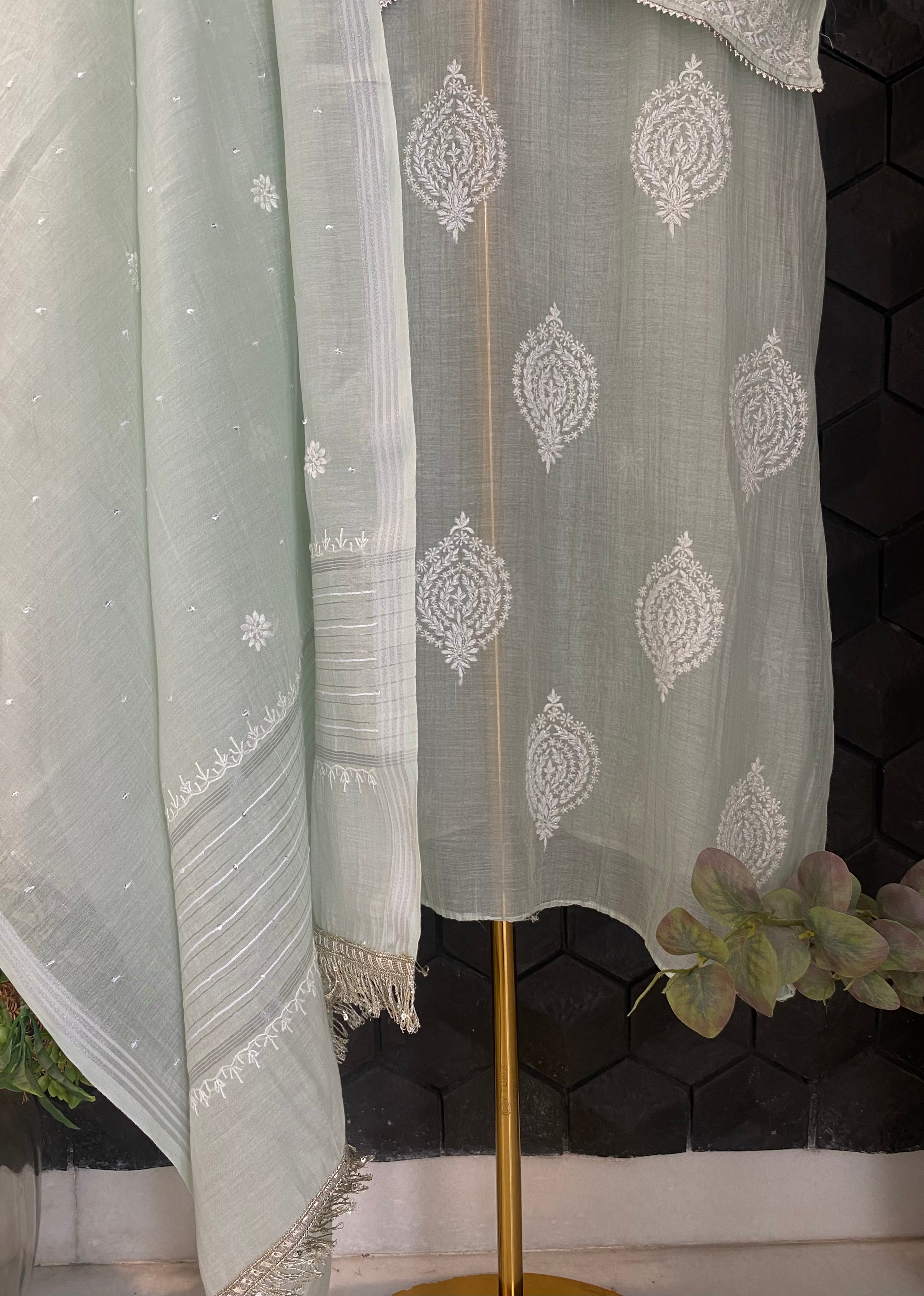 Green Chanderi Chikankari Kurta Set