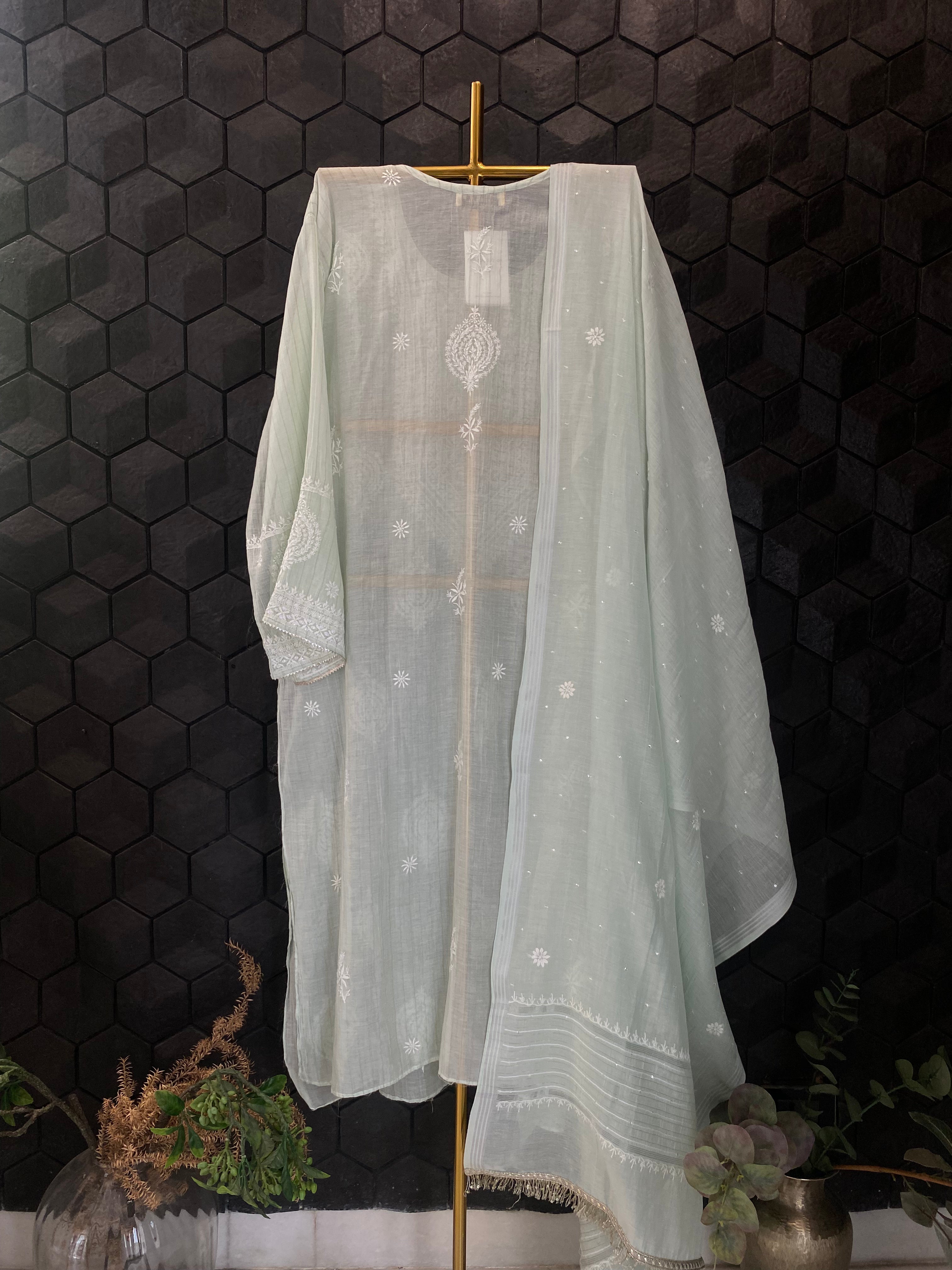 Green Chanderi Chikankari Kurta Set