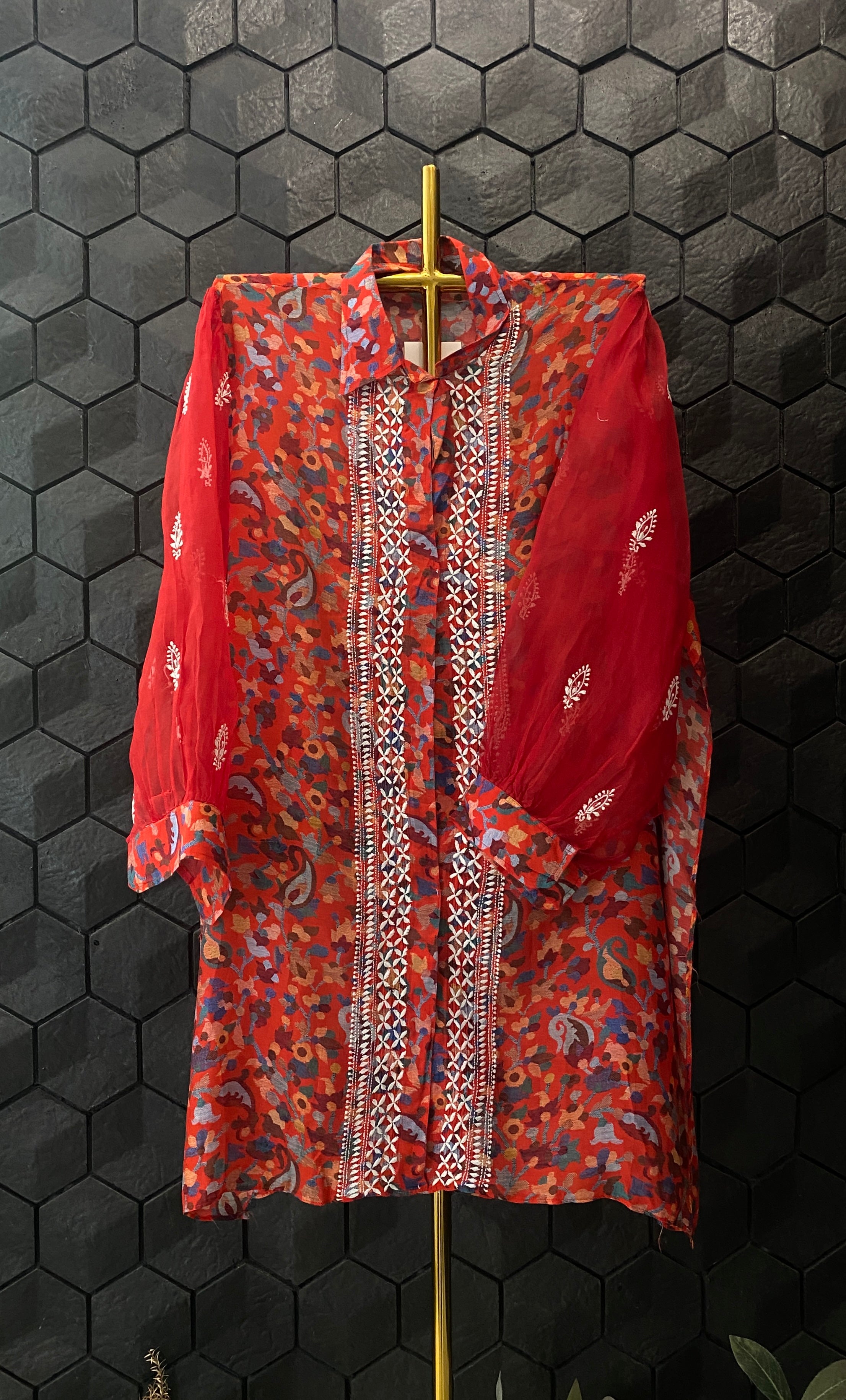 Red Printed Chikankari Shirt