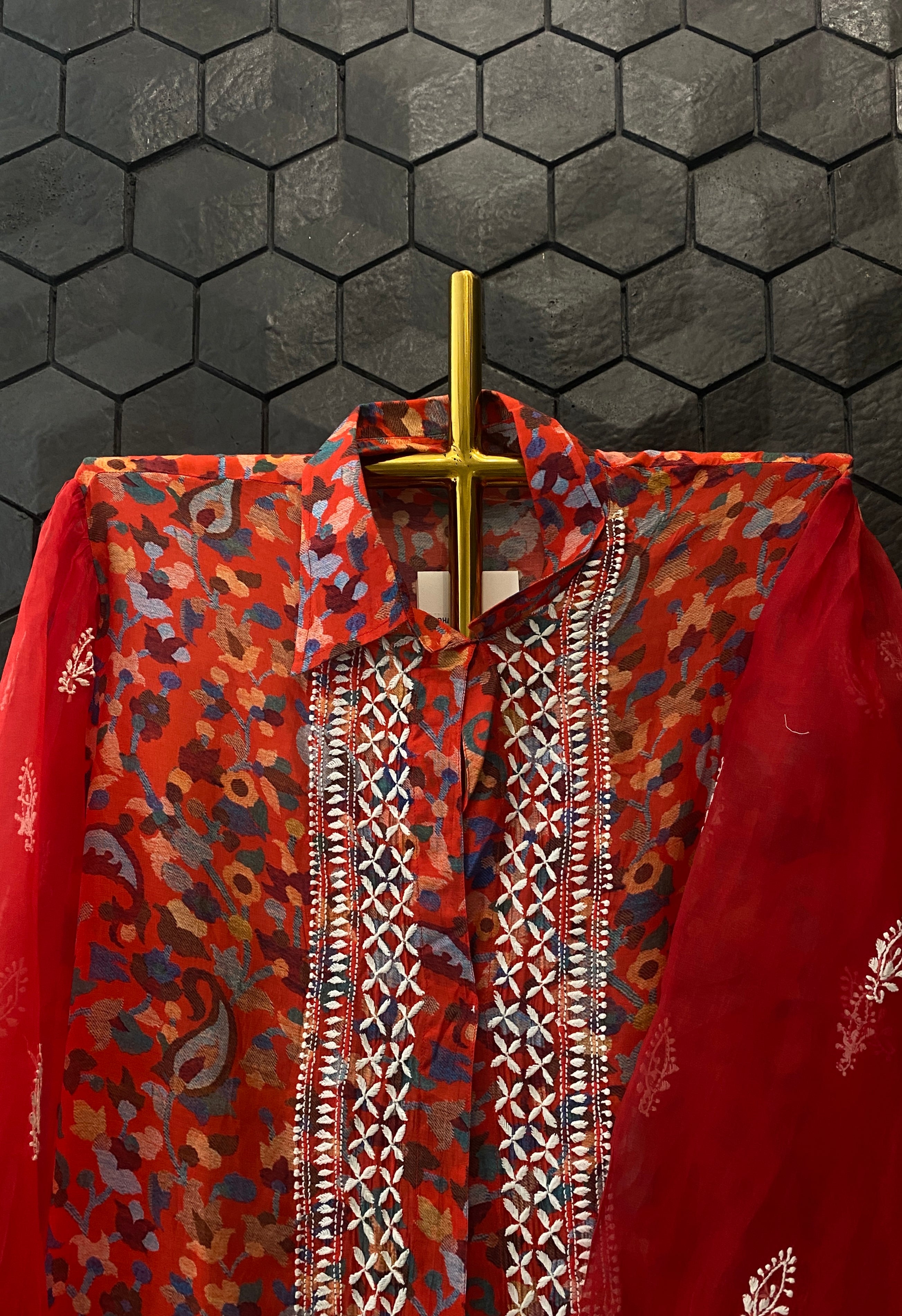 Red Printed Chikankari Shirt