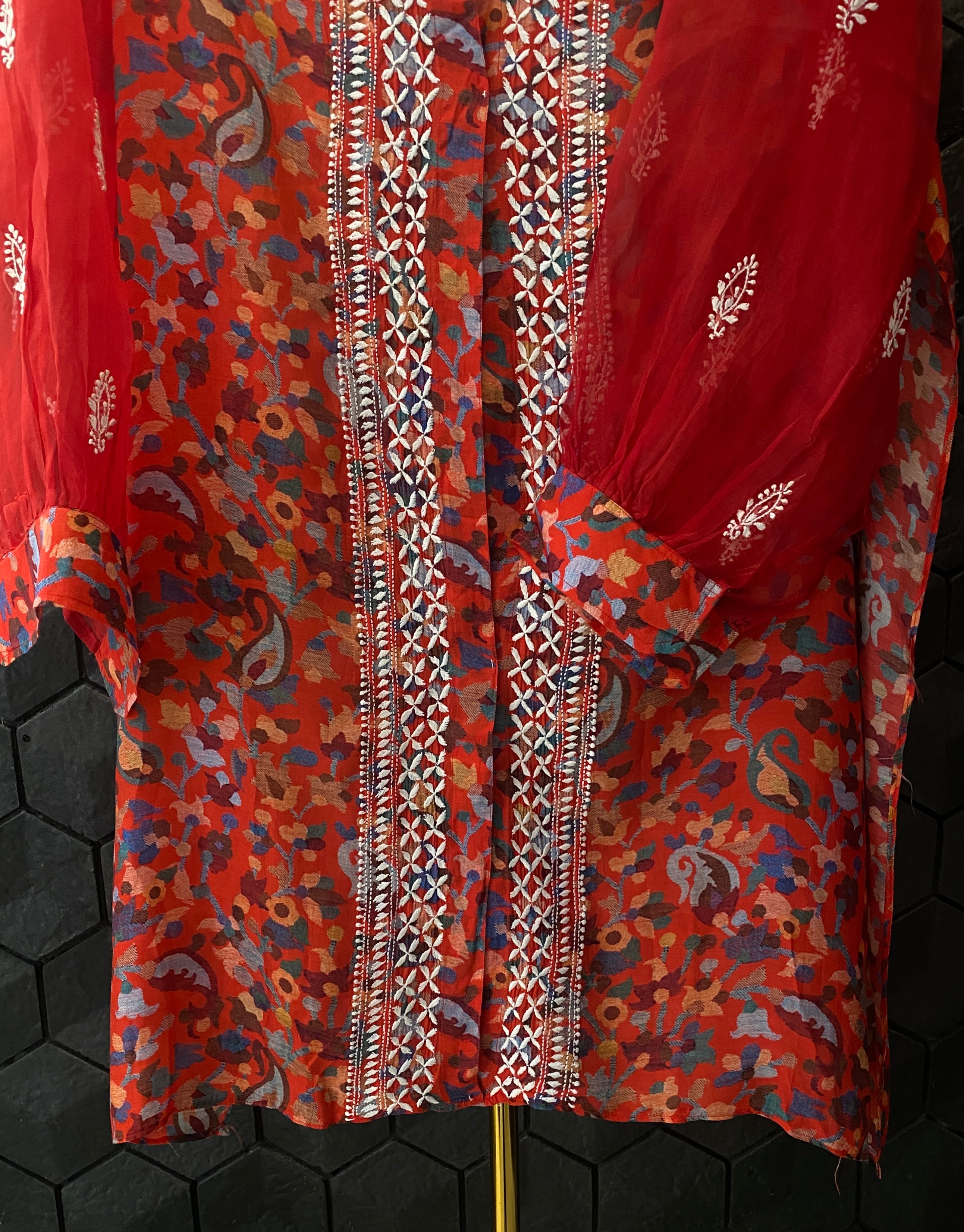 Red Printed Chikankari Shirt