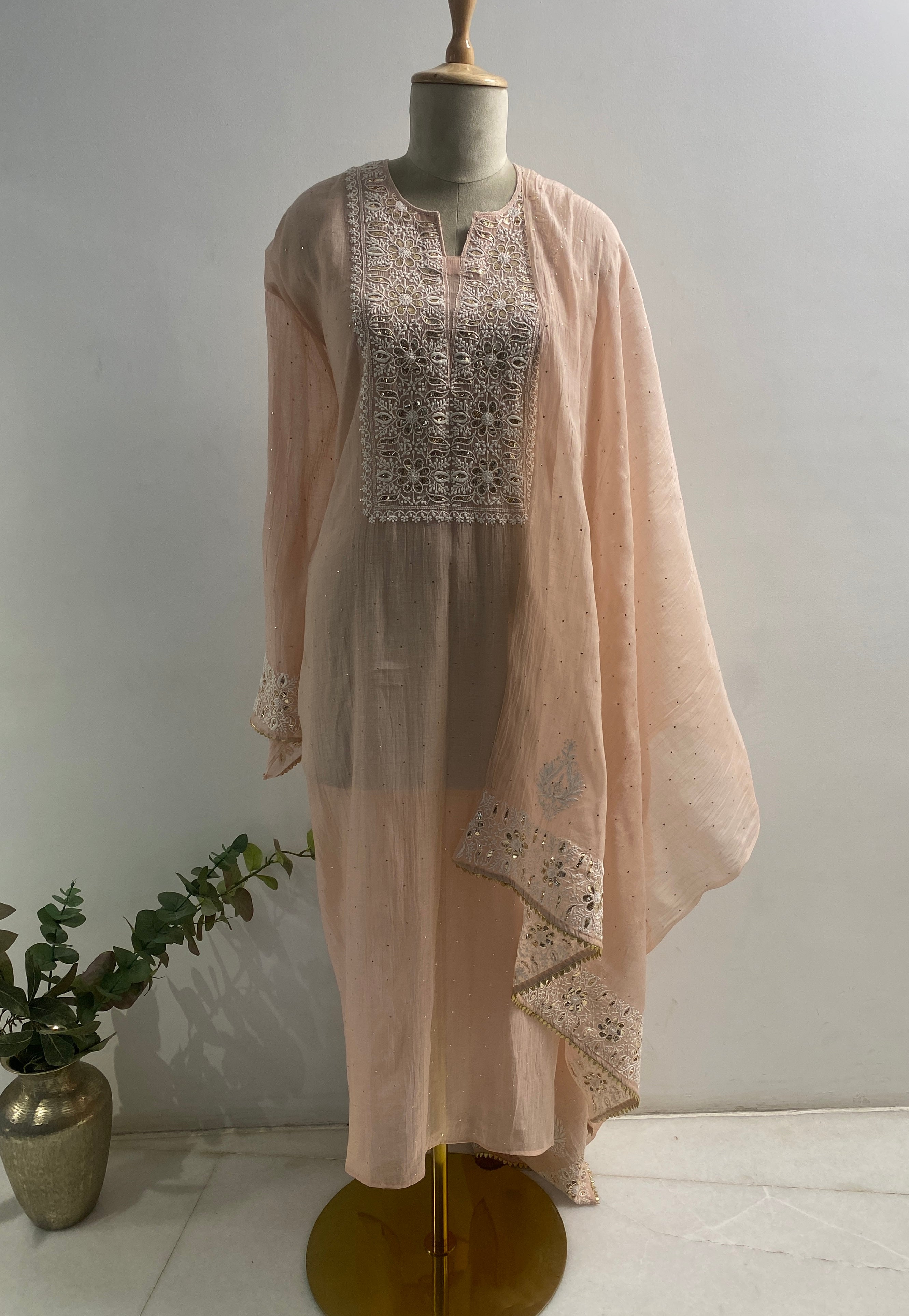 Pink Mul Chanderi Chikankari Kurta Set