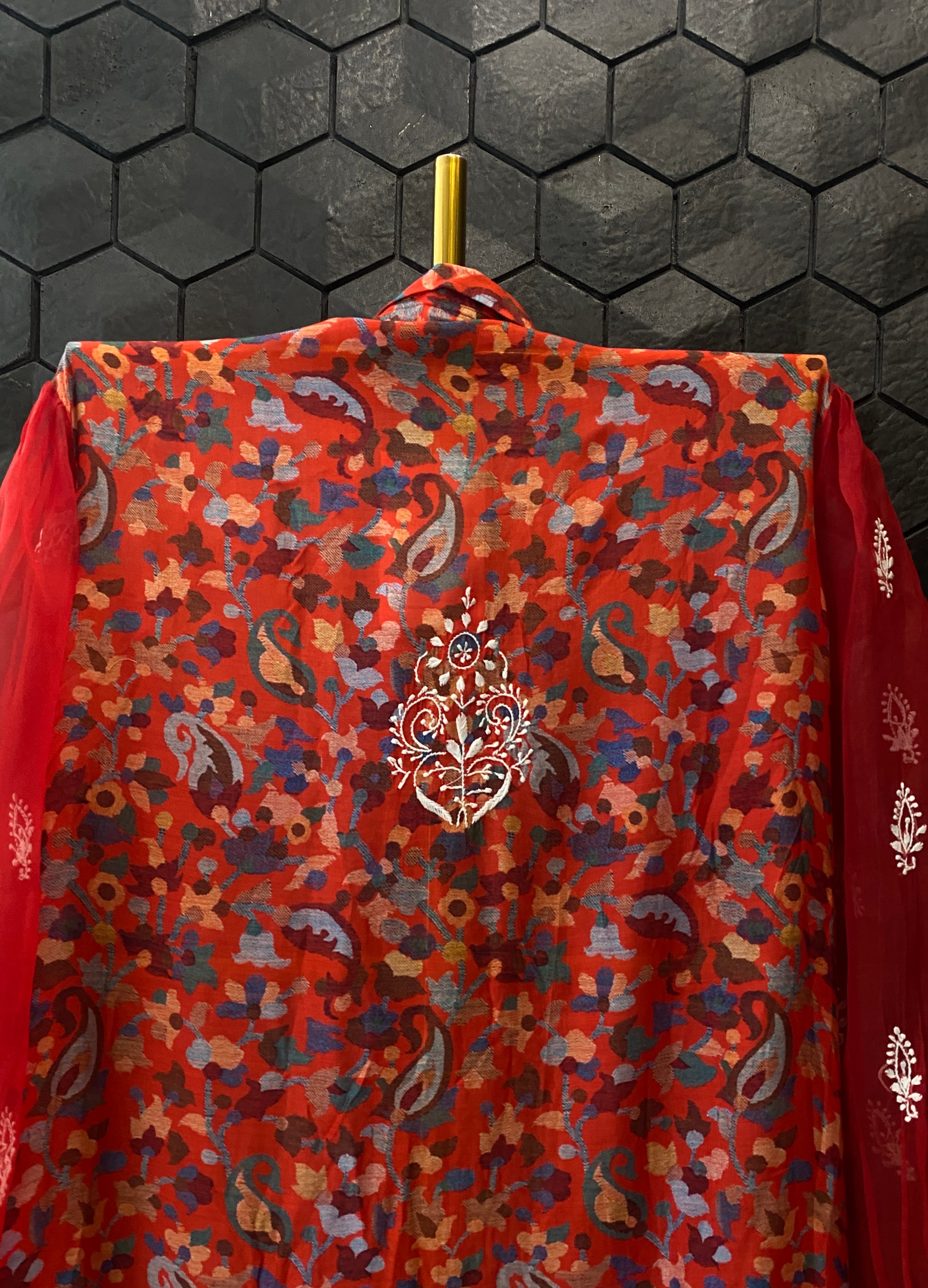 Red Printed Chikankari Shirt