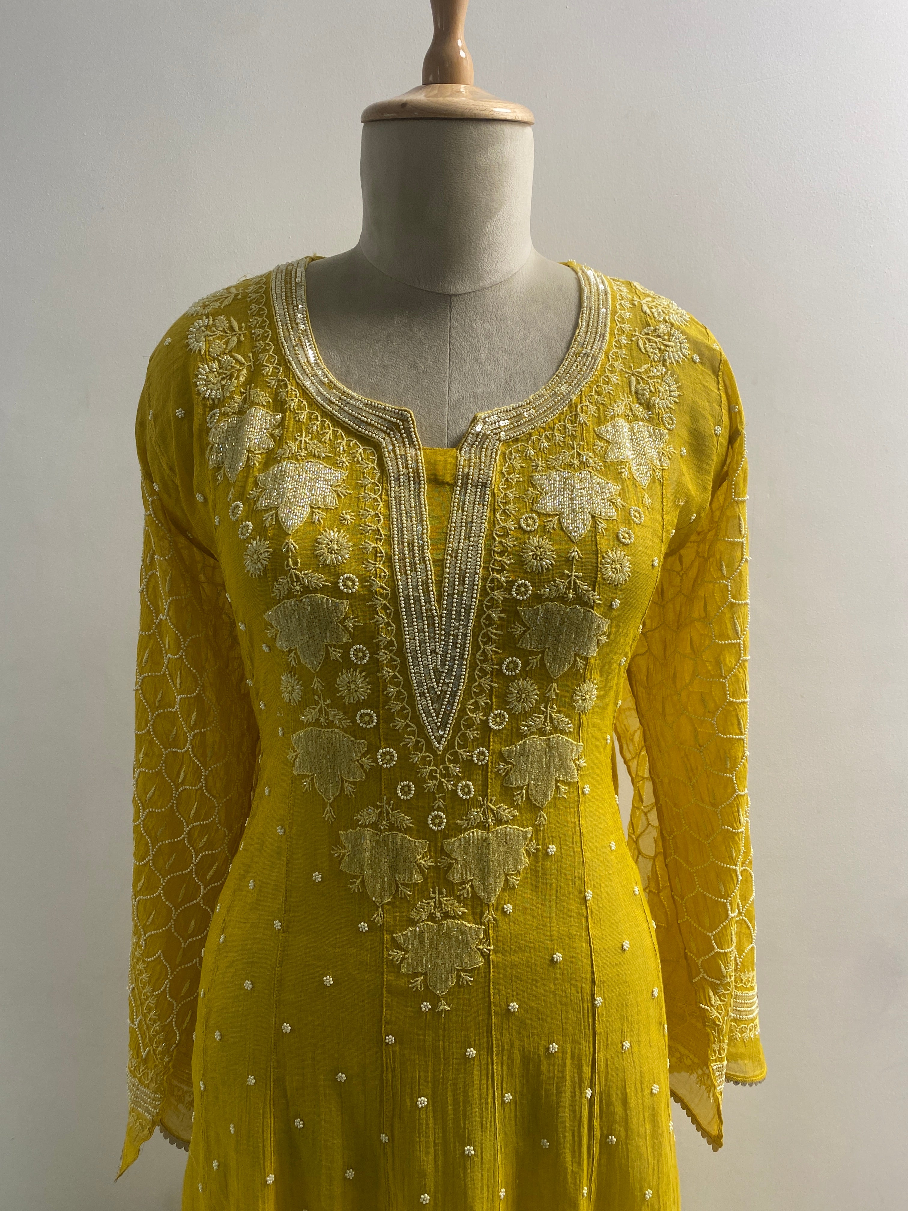 Yellow Tissue Chikankari Anarkali Set