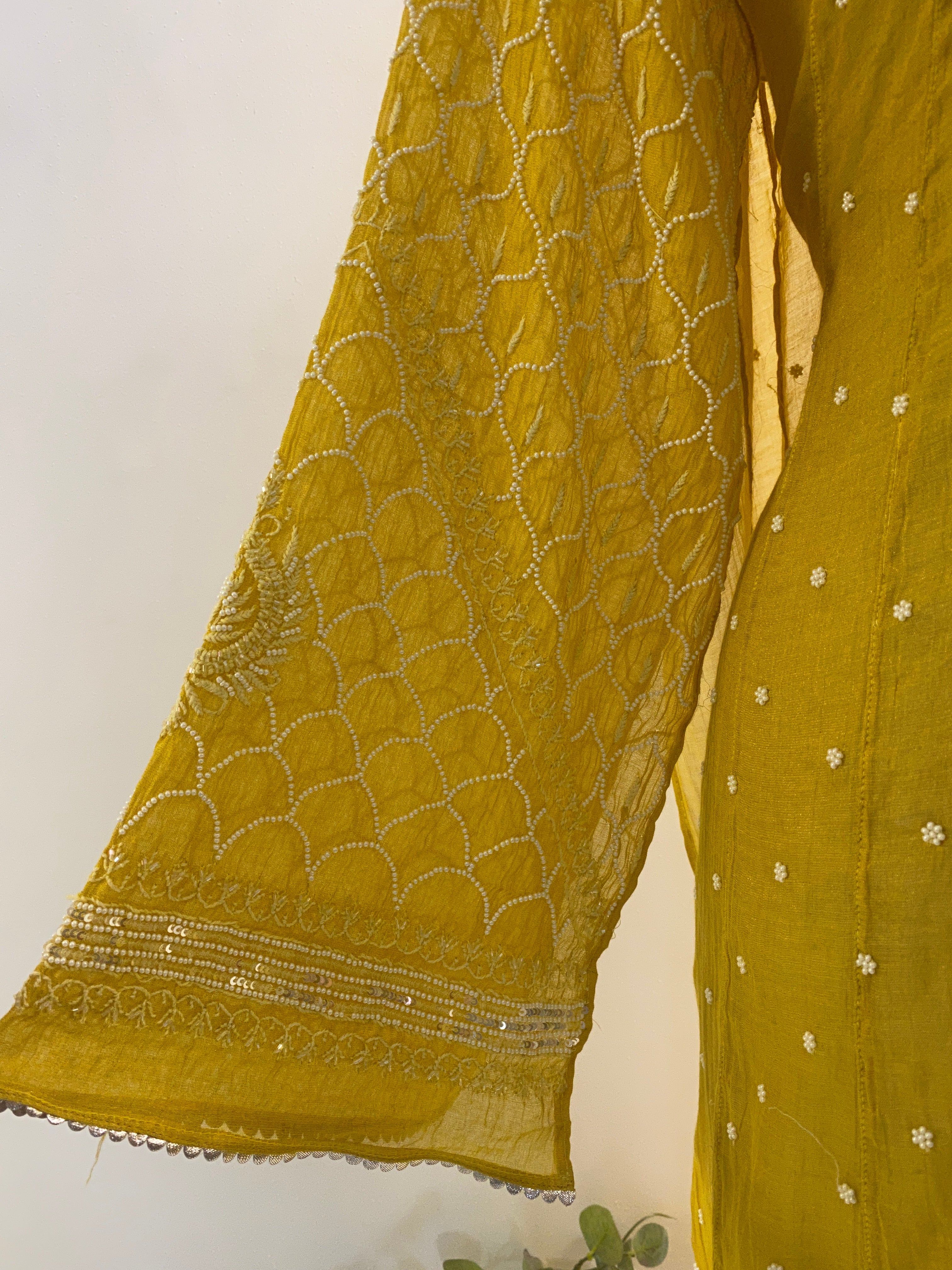 Yellow Tissue Chikankari Anarkali Set