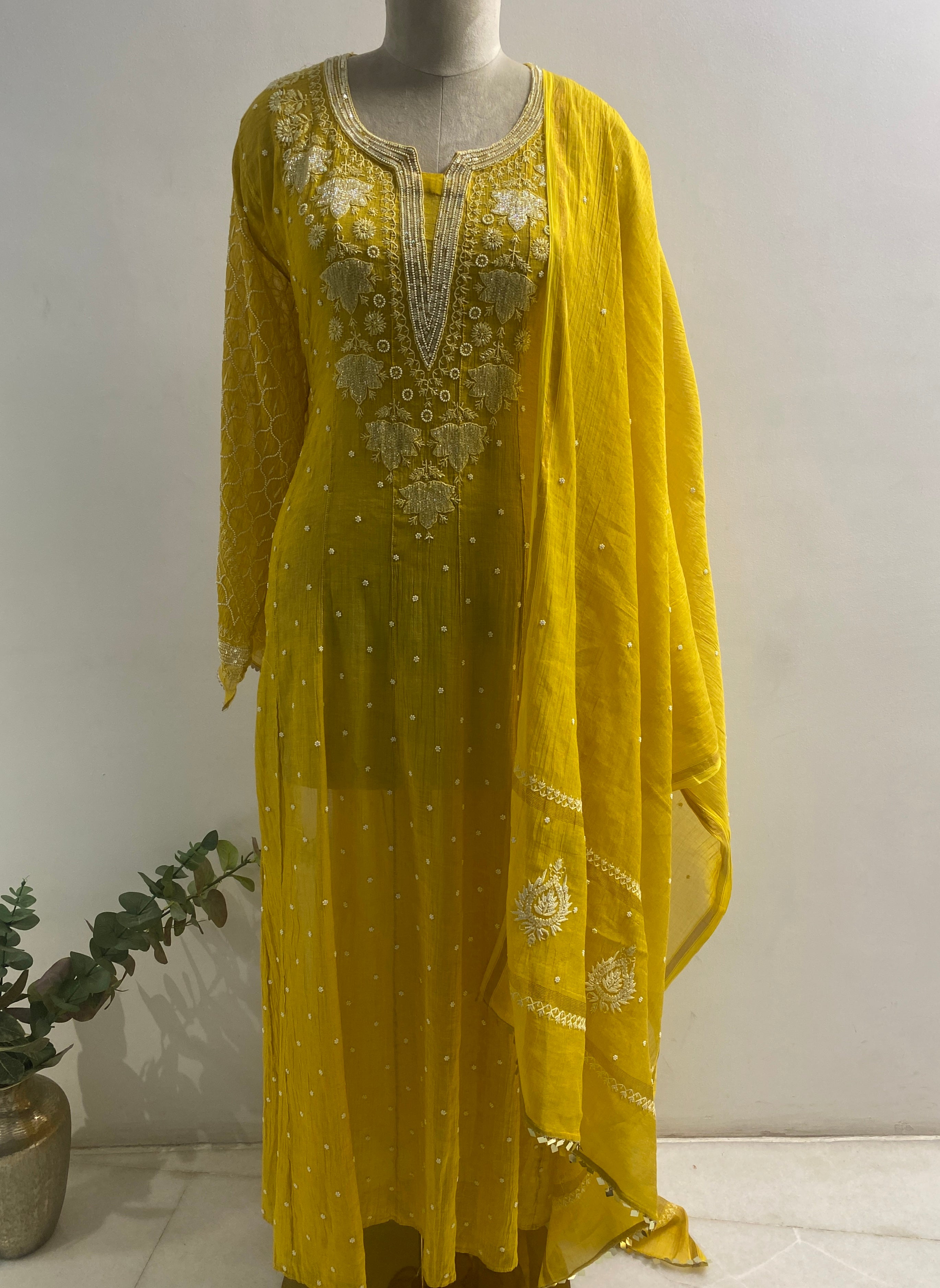 Yellow Tissue Chikankari Anarkali Set