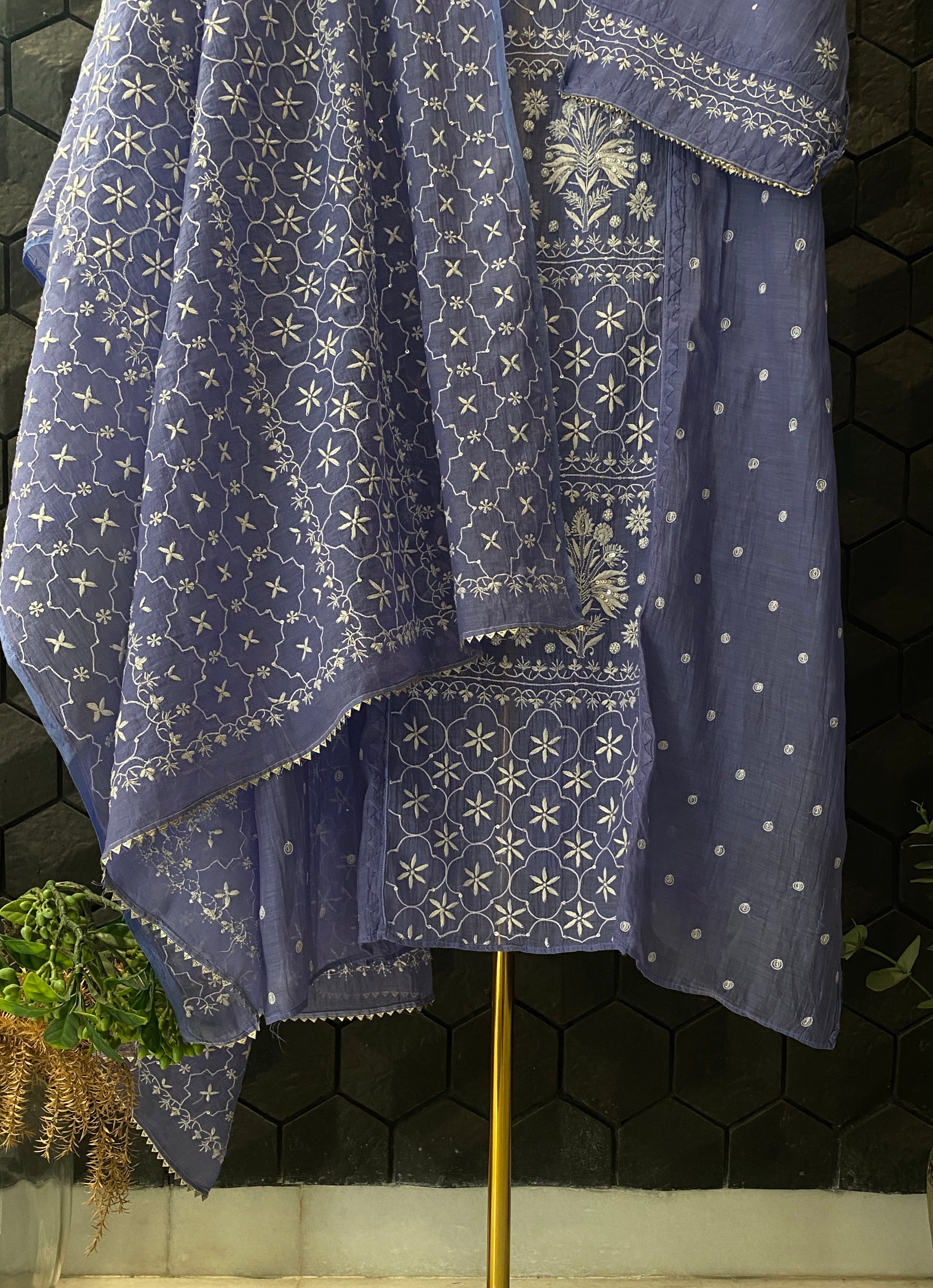 Purple Chanderi Chikankari Kurta Set