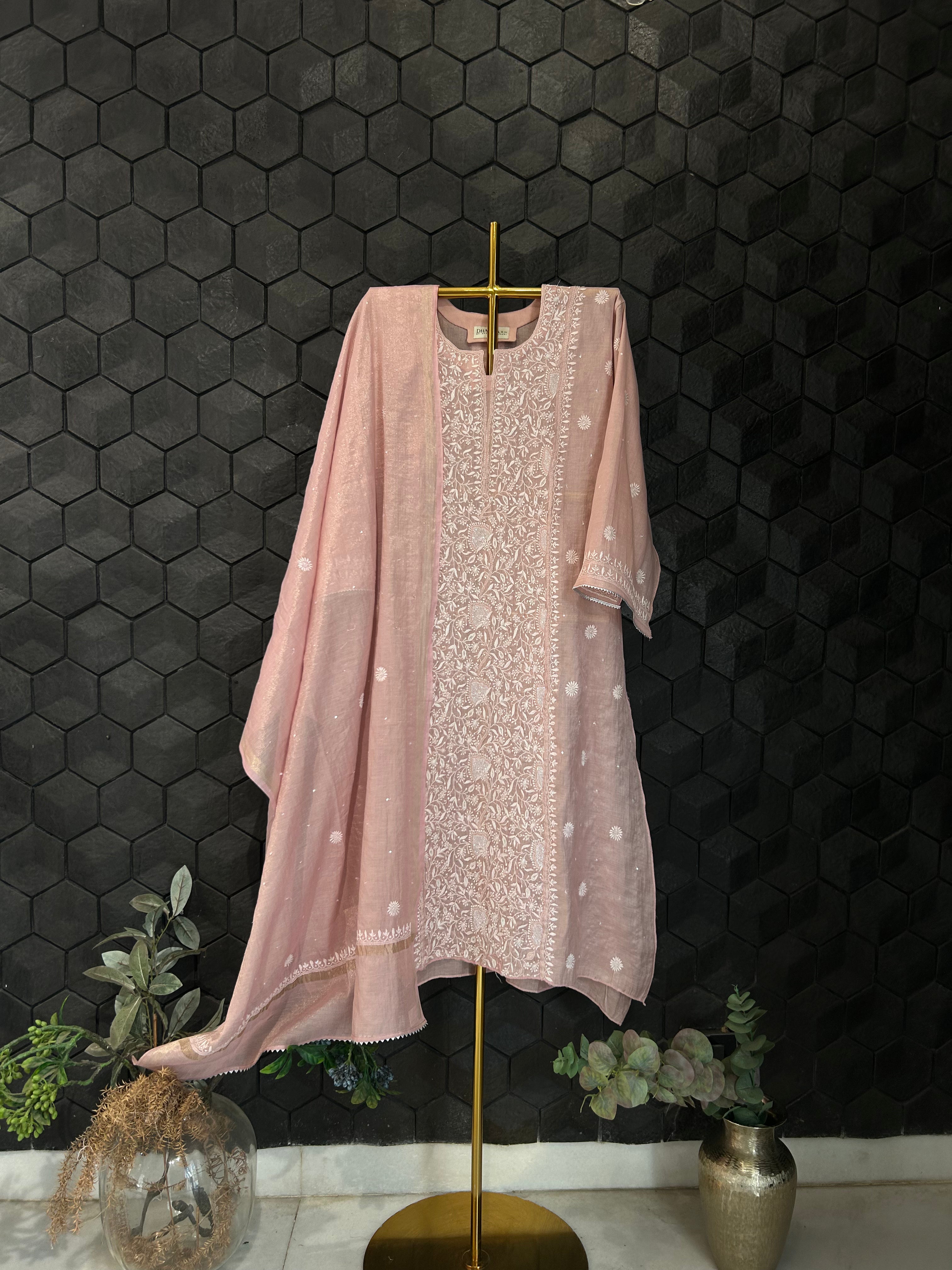 Pink Tissue Chikankari Kurta Set