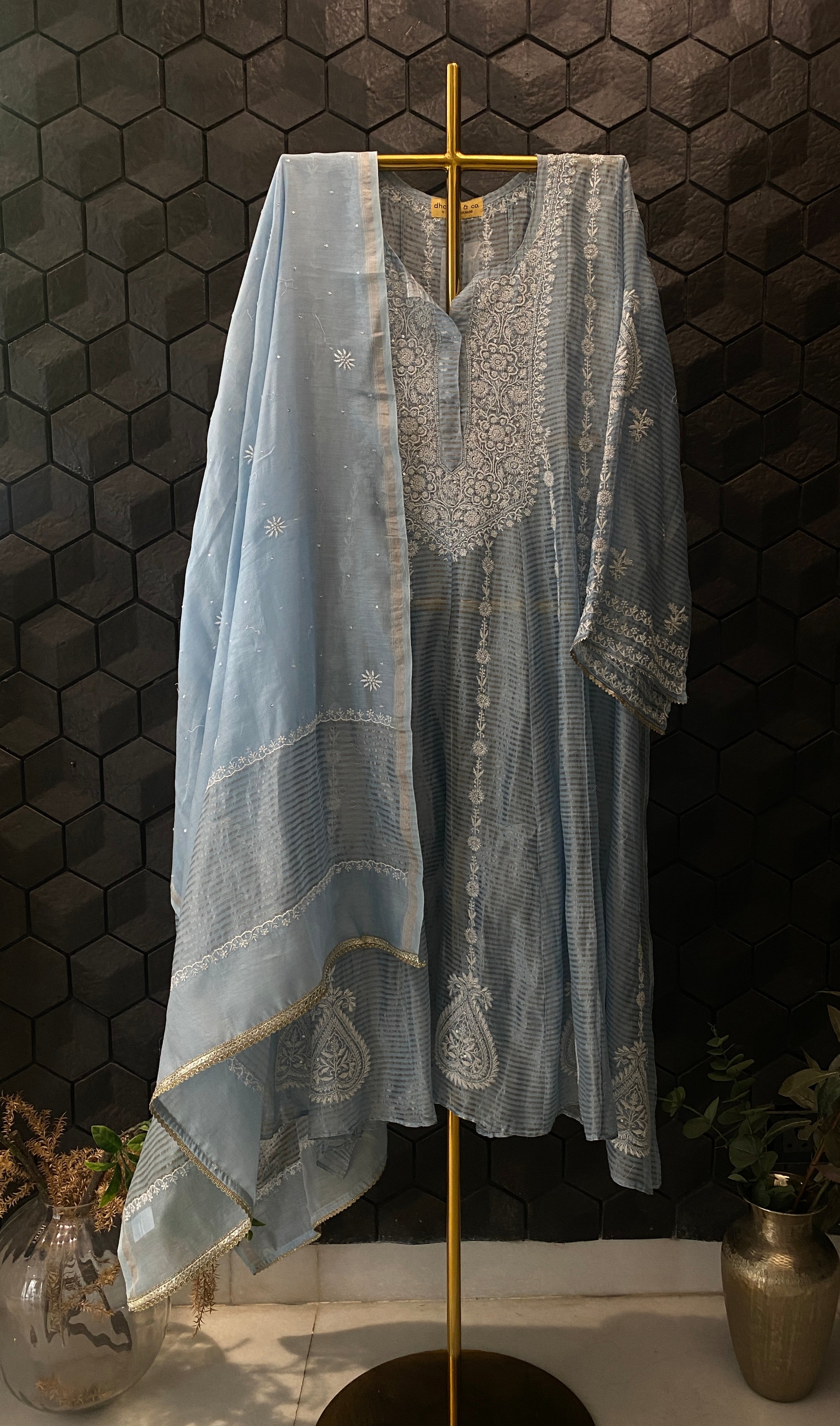 Sky Blue Striped Tissue Chikankari Anarkali Set