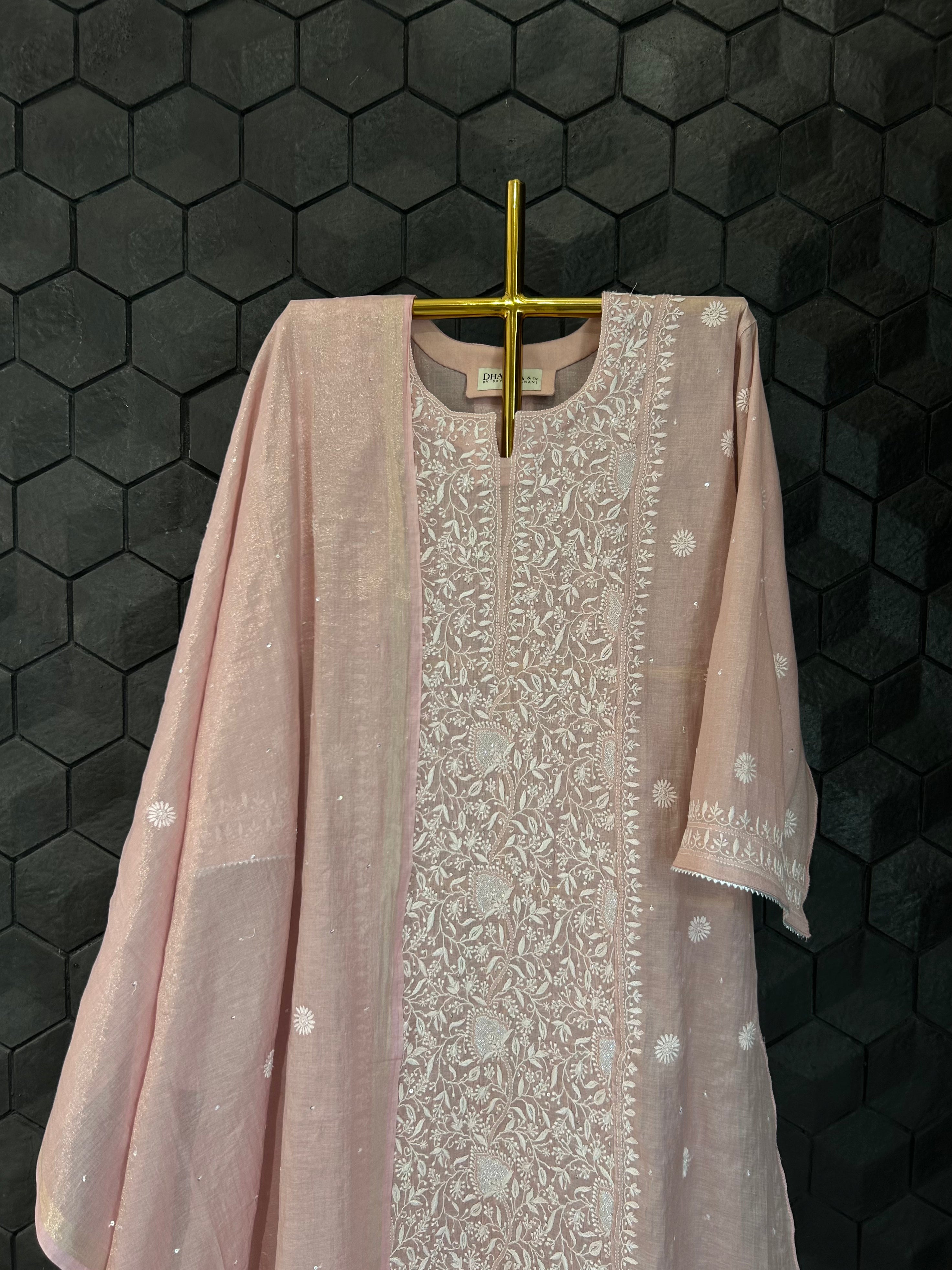 Pink Tissue Chikankari Kurta Set