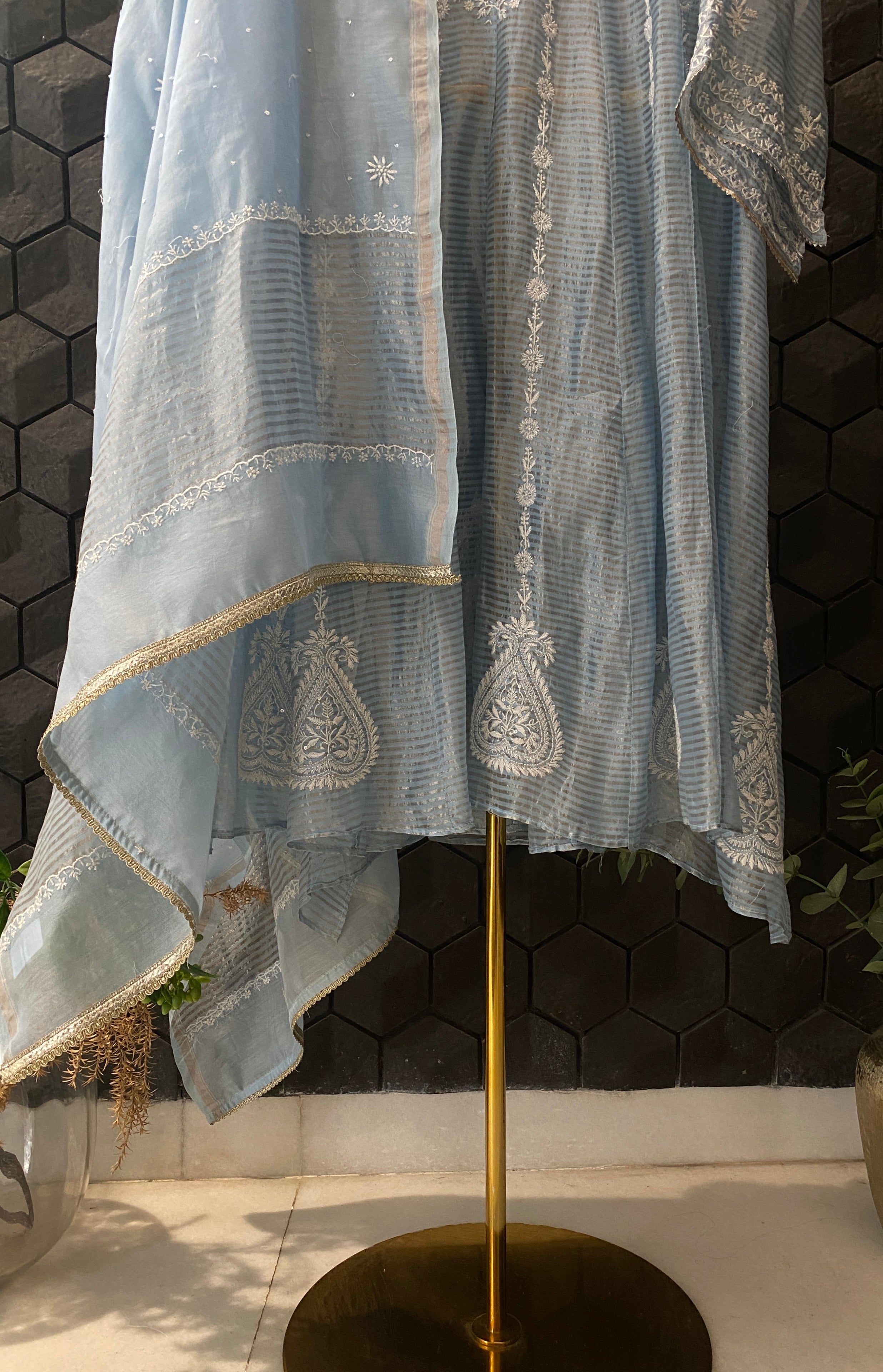 Sky Blue Striped Tissue Chikankari Anarkali Set