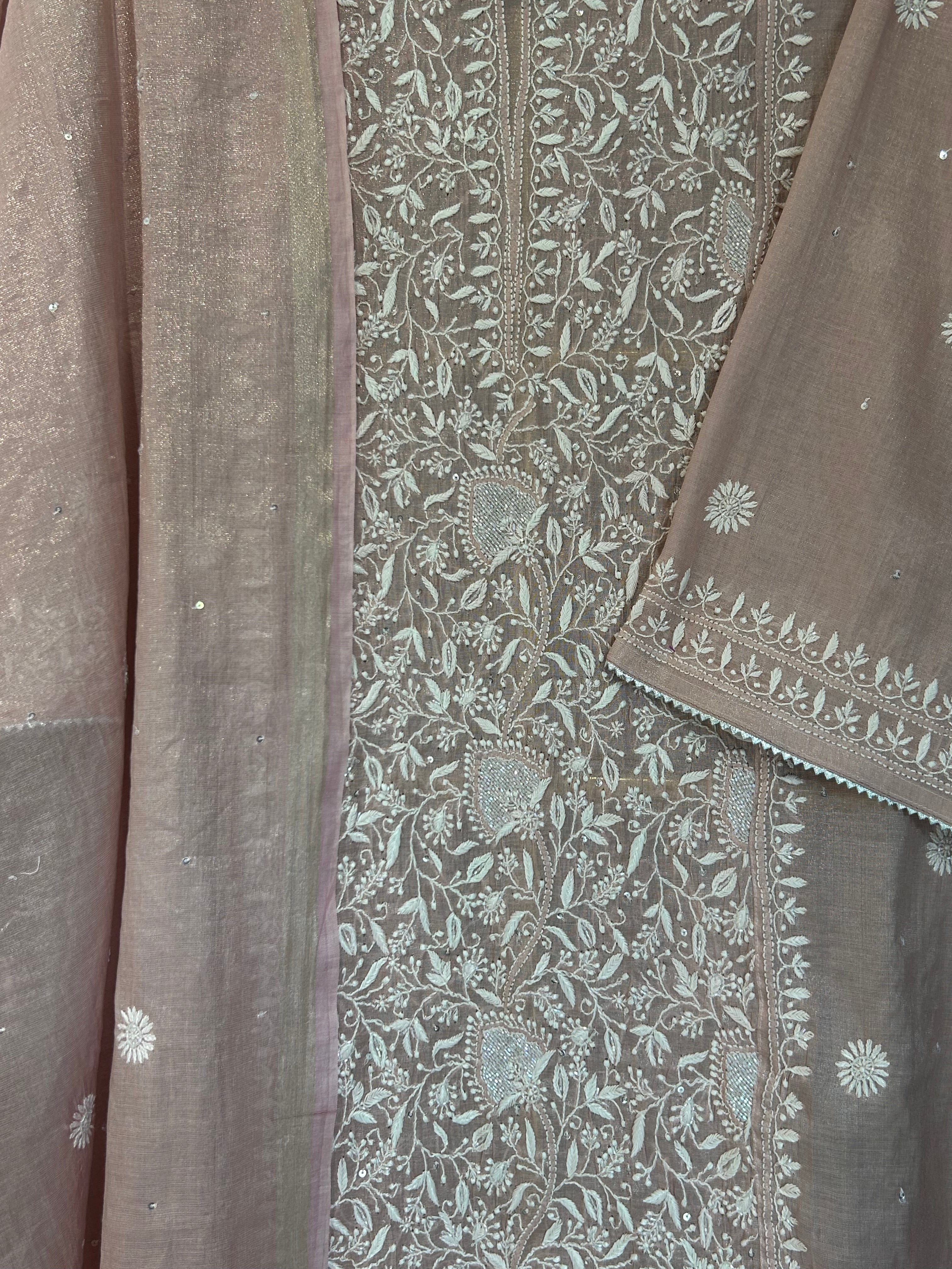 Pink Tissue Chikankari Kurta Set