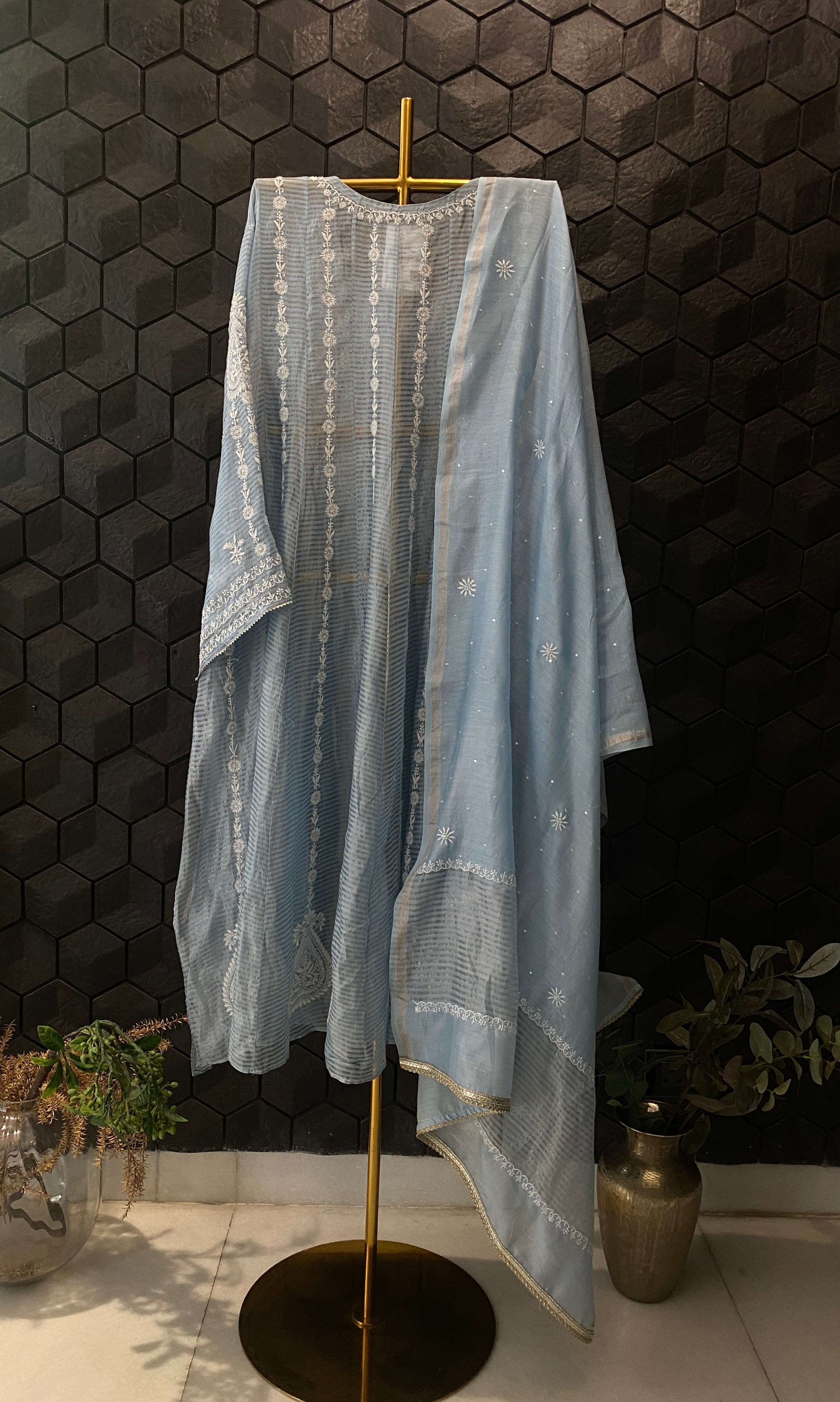 Sky Blue Striped Tissue Chikankari Anarkali Set