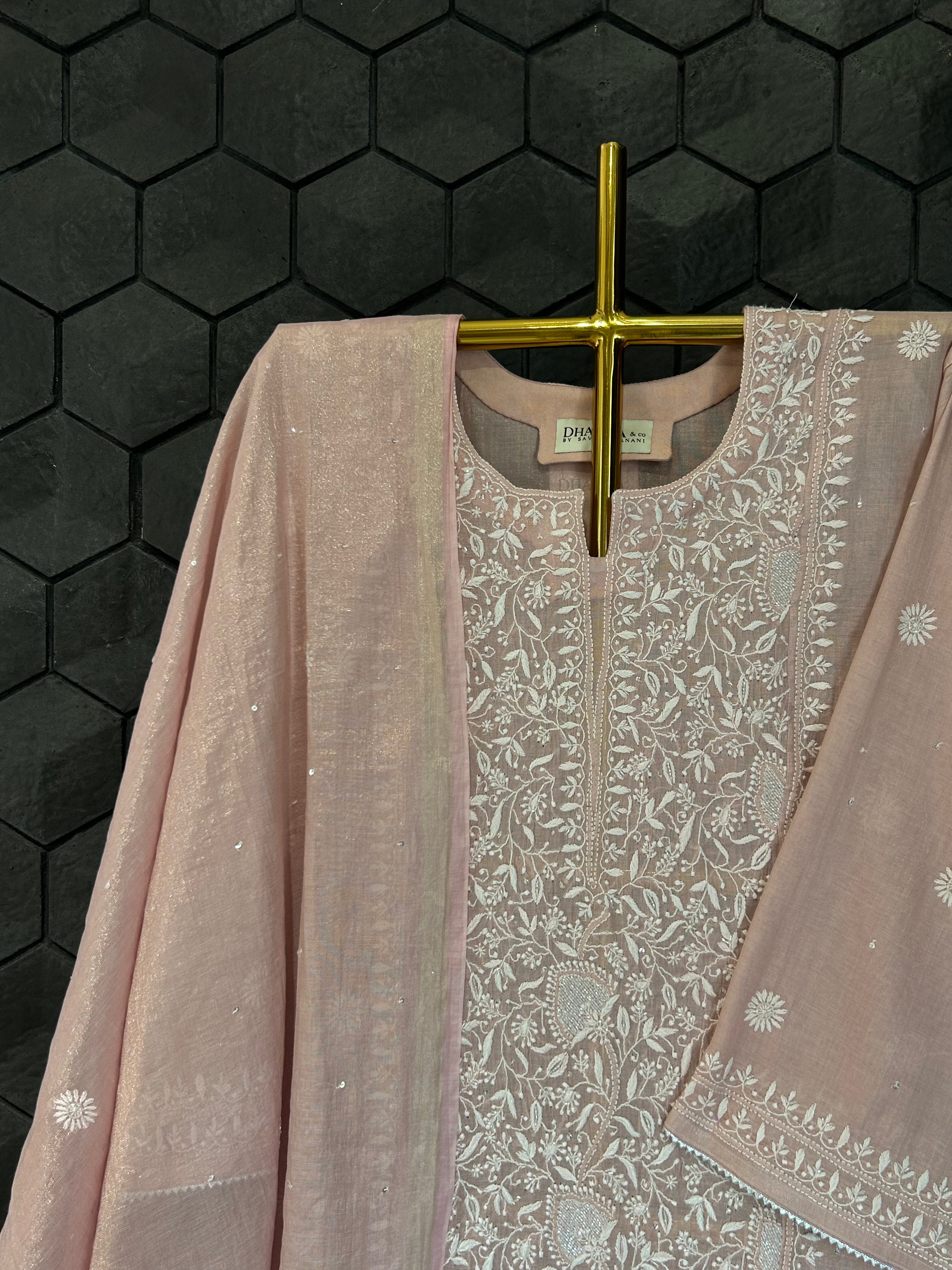 Pink Tissue Chikankari Kurta Set