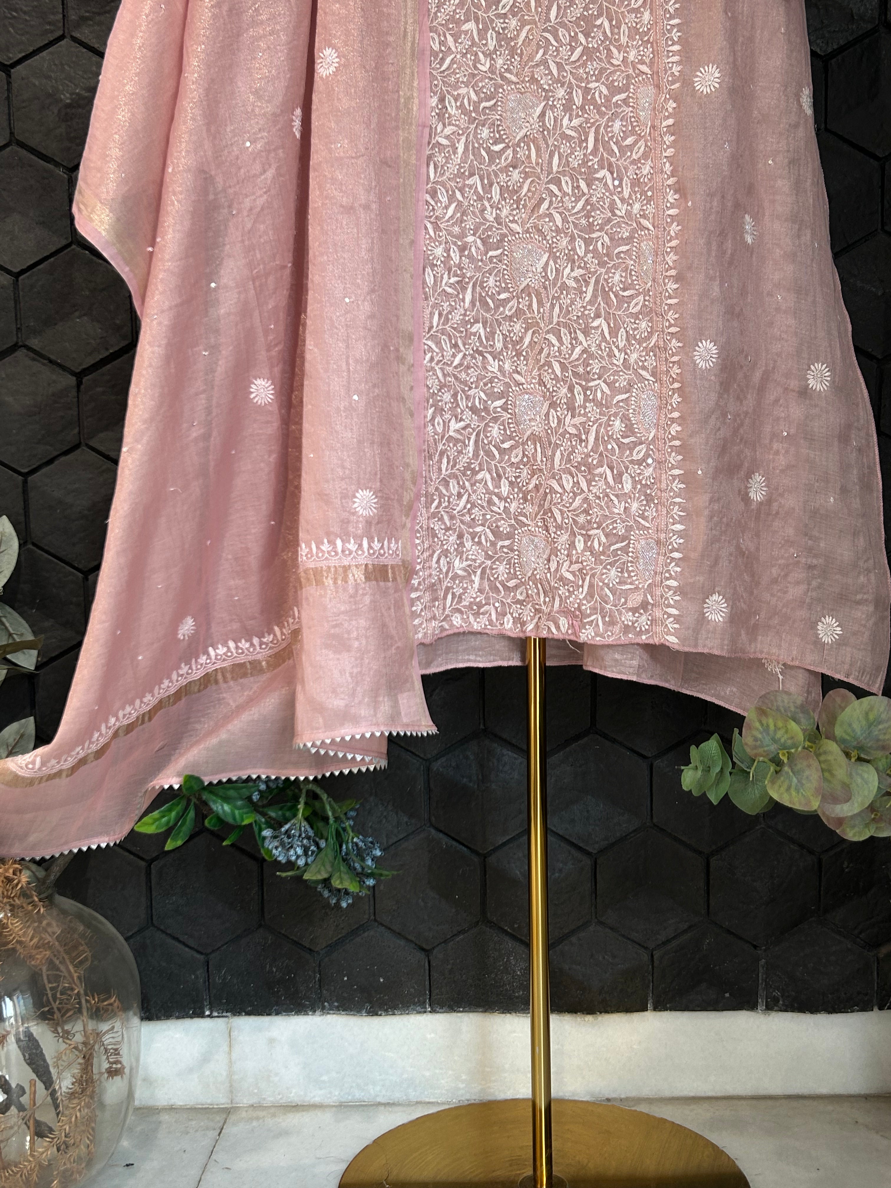 Pink Tissue Chikankari Kurta Set