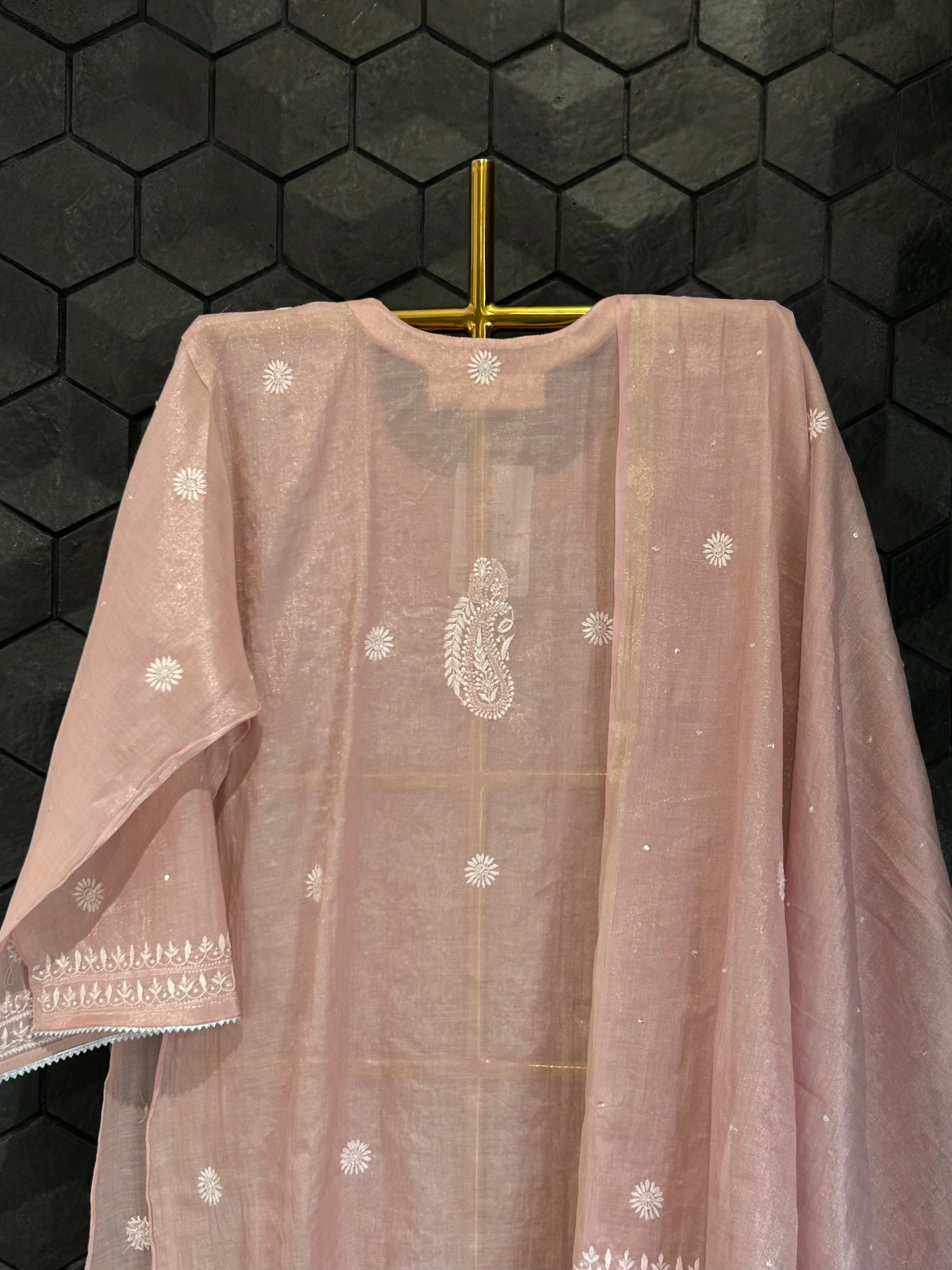 Pink Tissue Chikankari Kurta Set