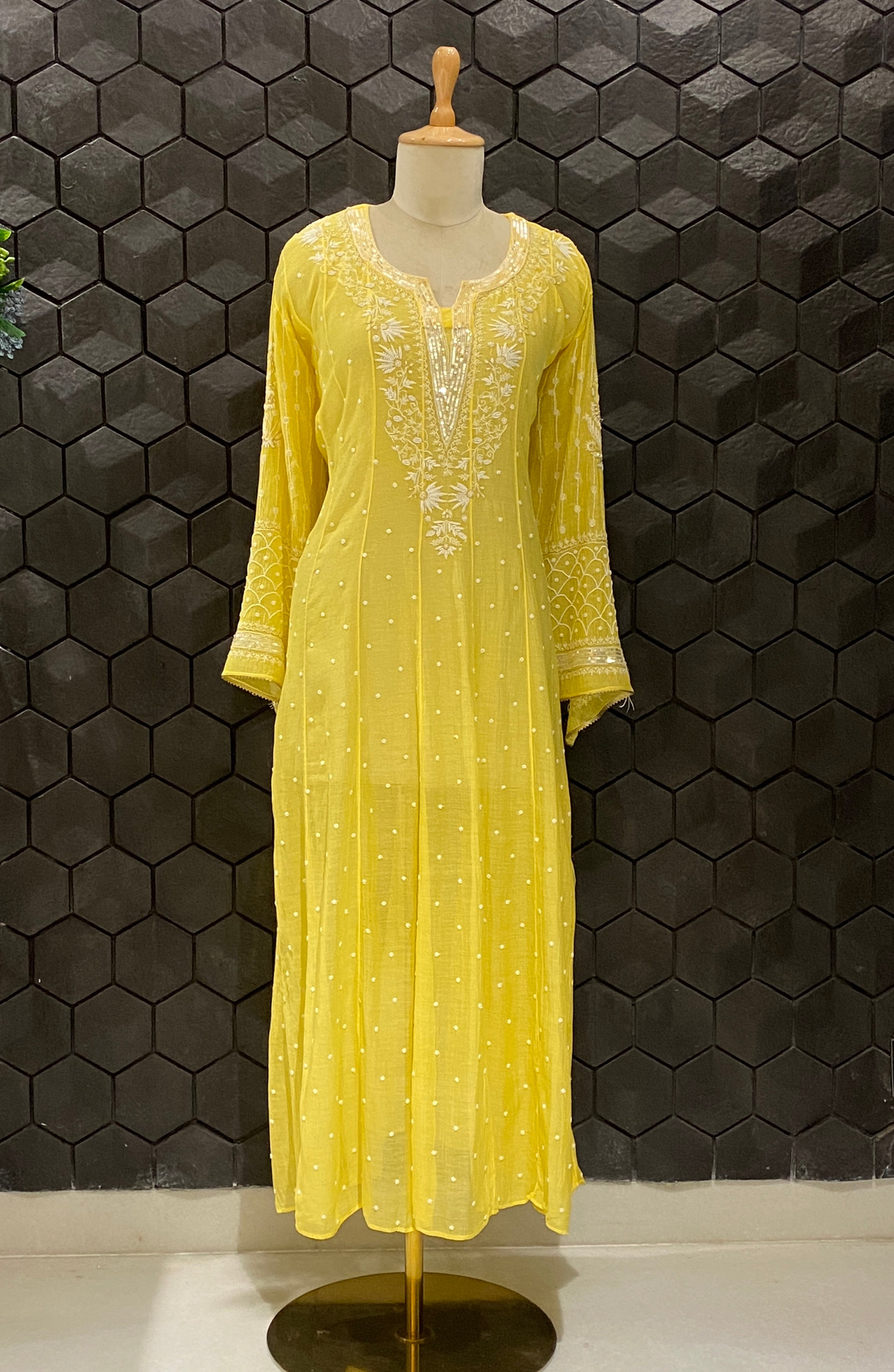 Yellow Mul chanderi chikankari anarkali set