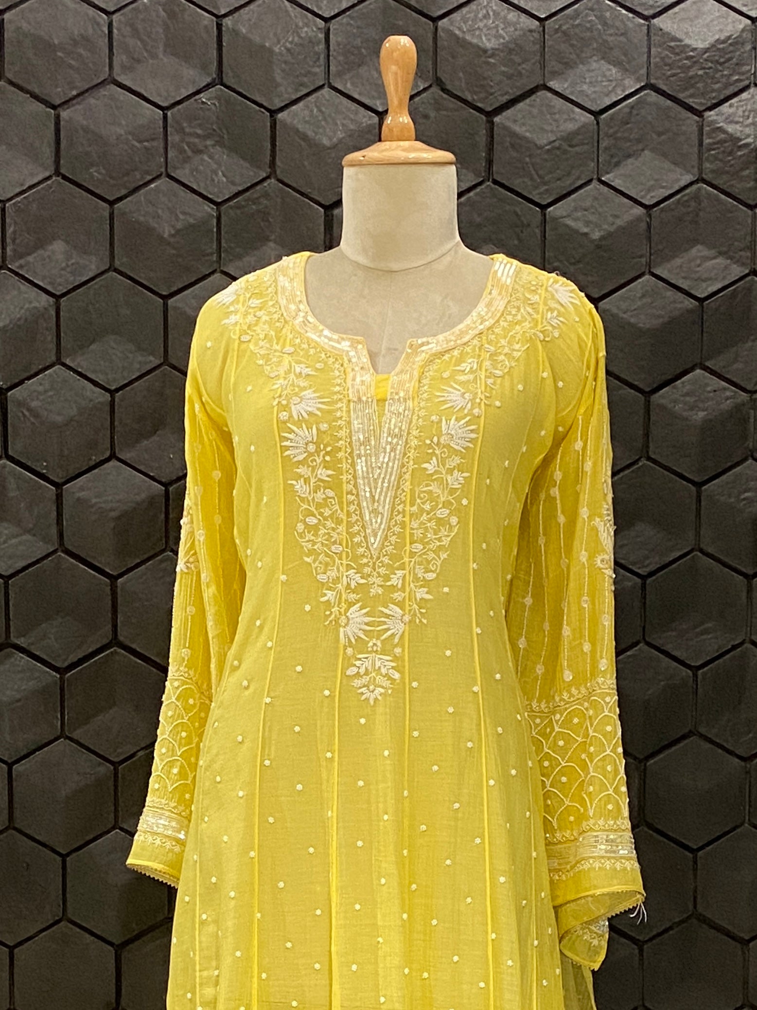 Yellow Mul chanderi chikankari anarkali set