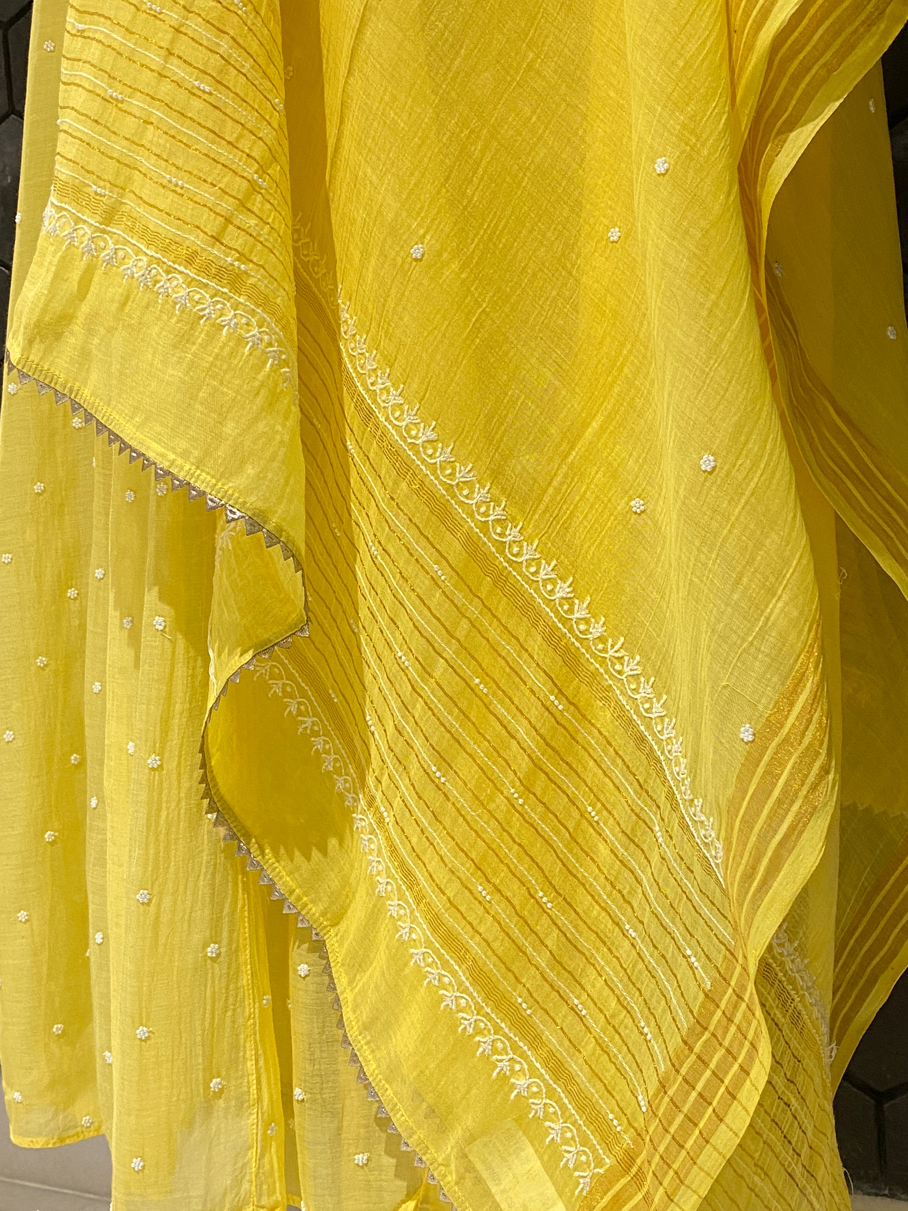 Yellow Mul chanderi chikankari anarkali set