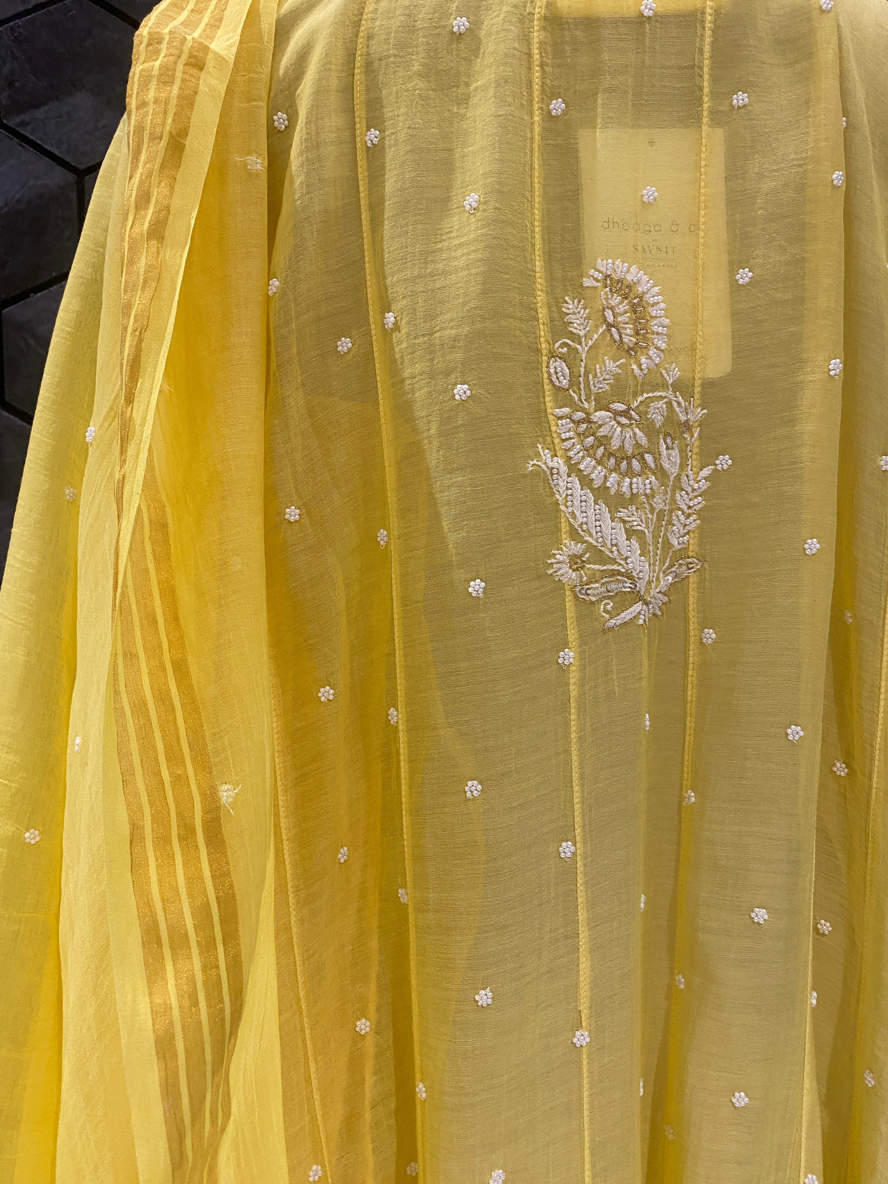 Yellow Mul chanderi chikankari anarkali set