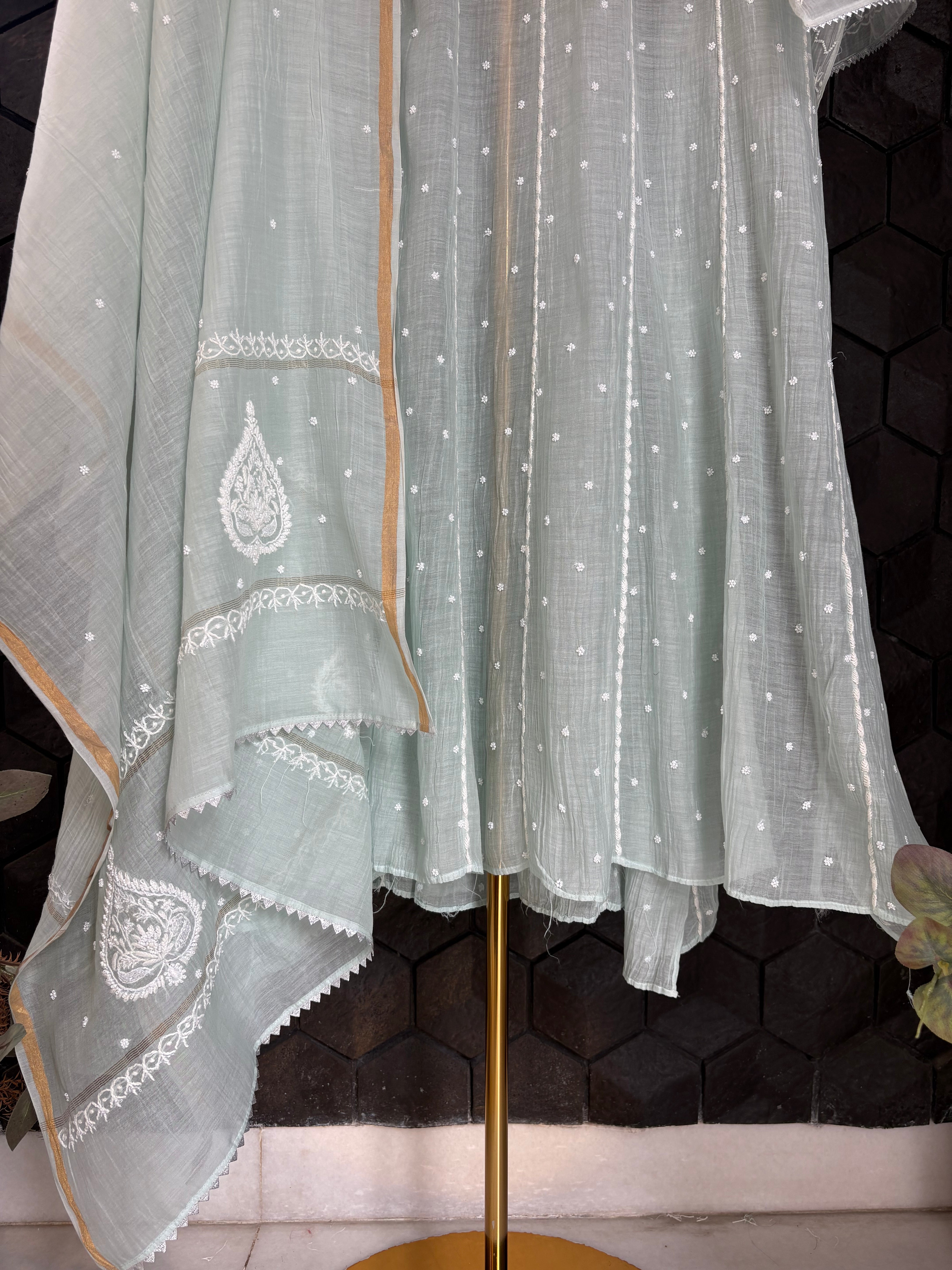 Sea Green Chikankari Mul Chanderi Anarkali Set