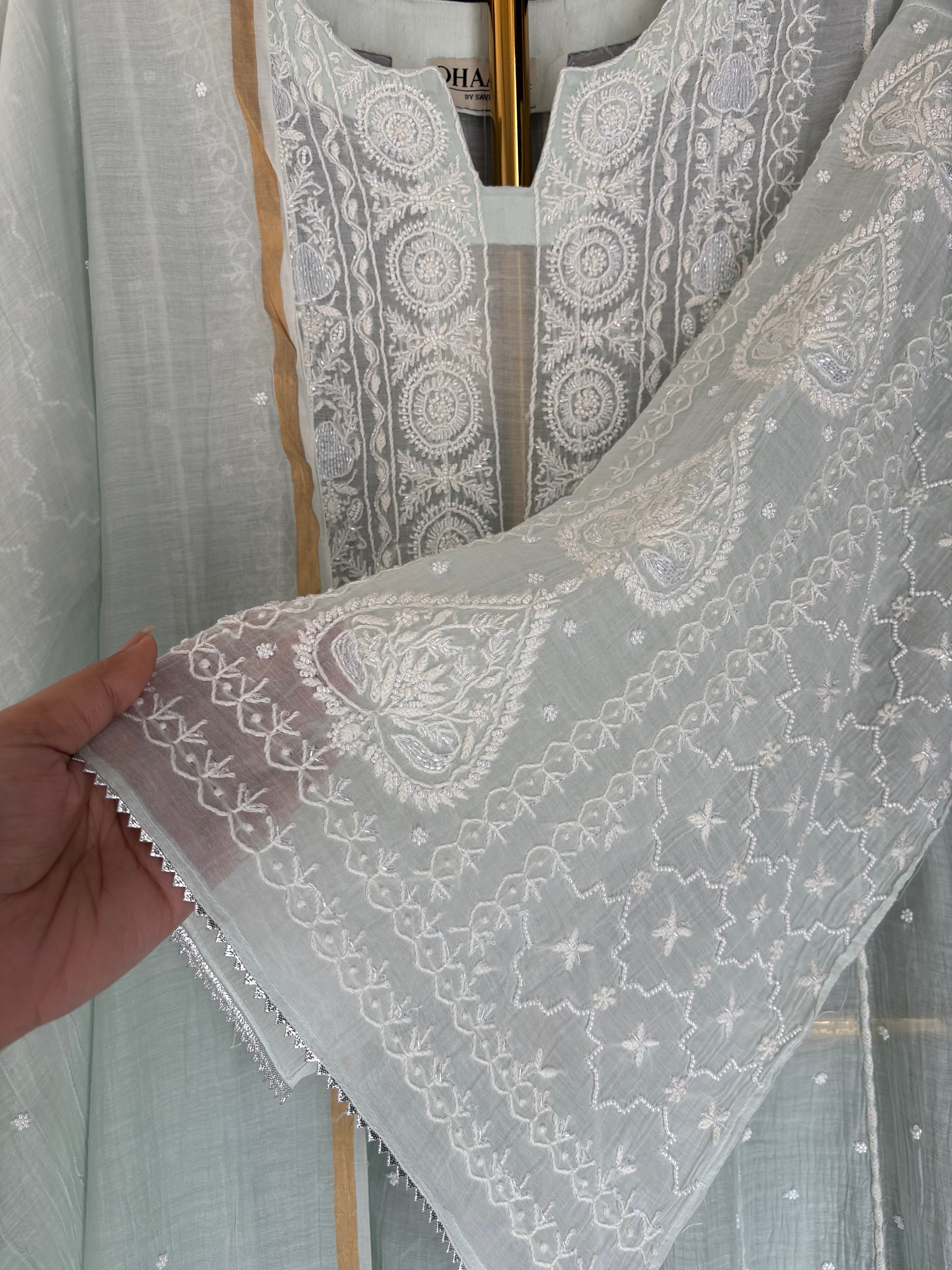 Sea Green Chikankari Mul Chanderi Anarkali Set
