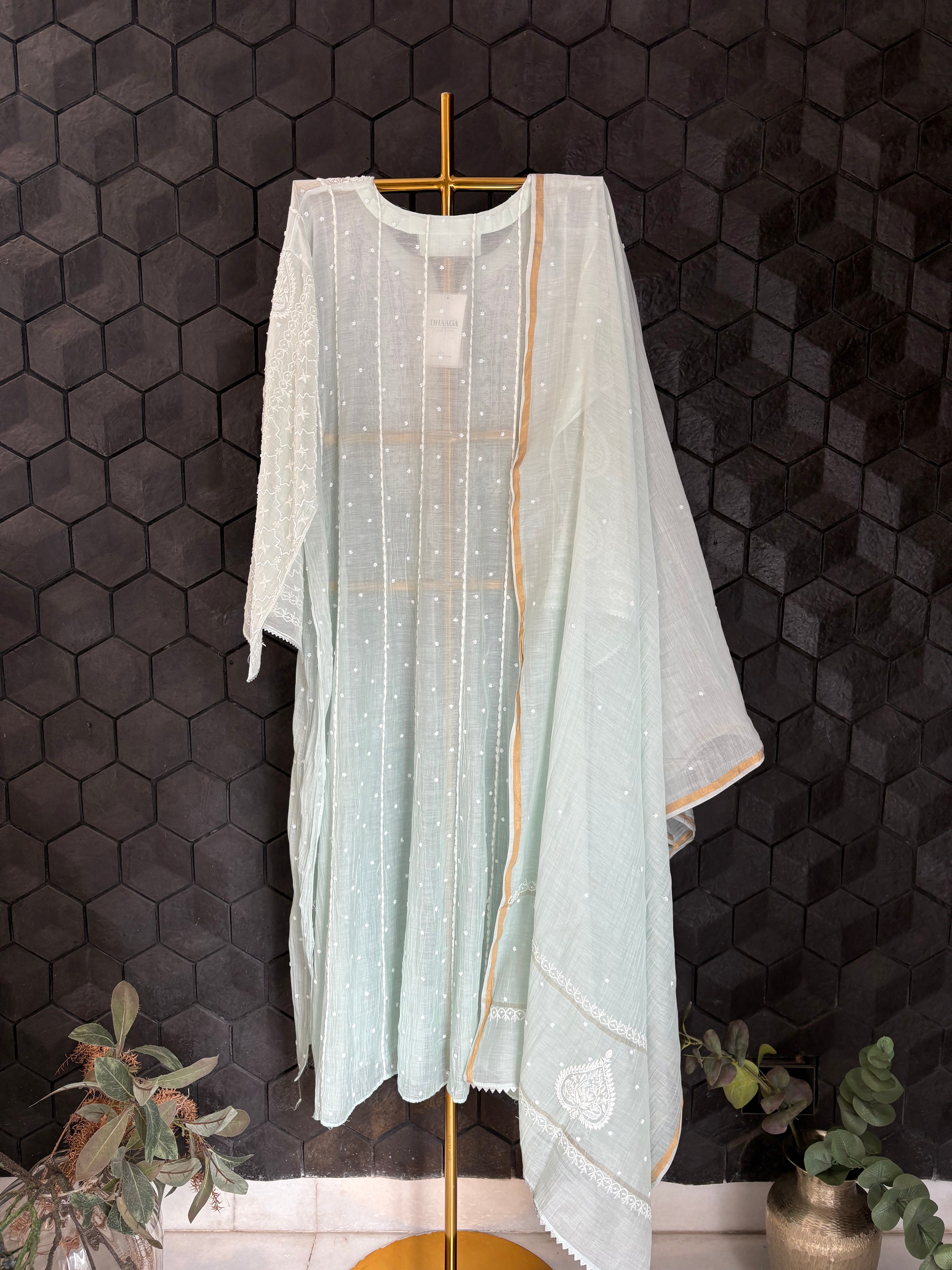 Sea Green Chikankari Mul Chanderi Anarkali Set
