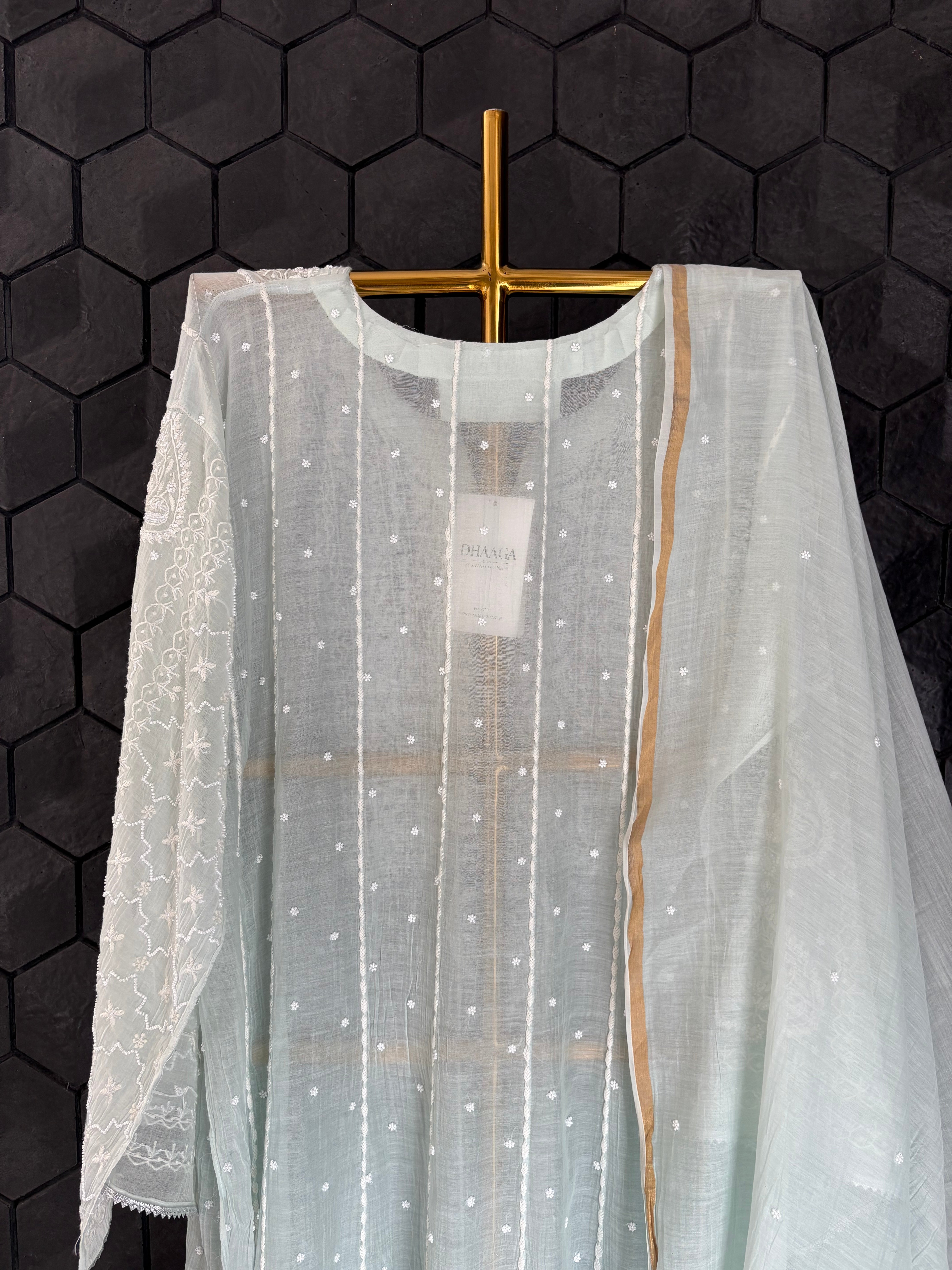 Sea Green Chikankari Mul Chanderi Anarkali Set