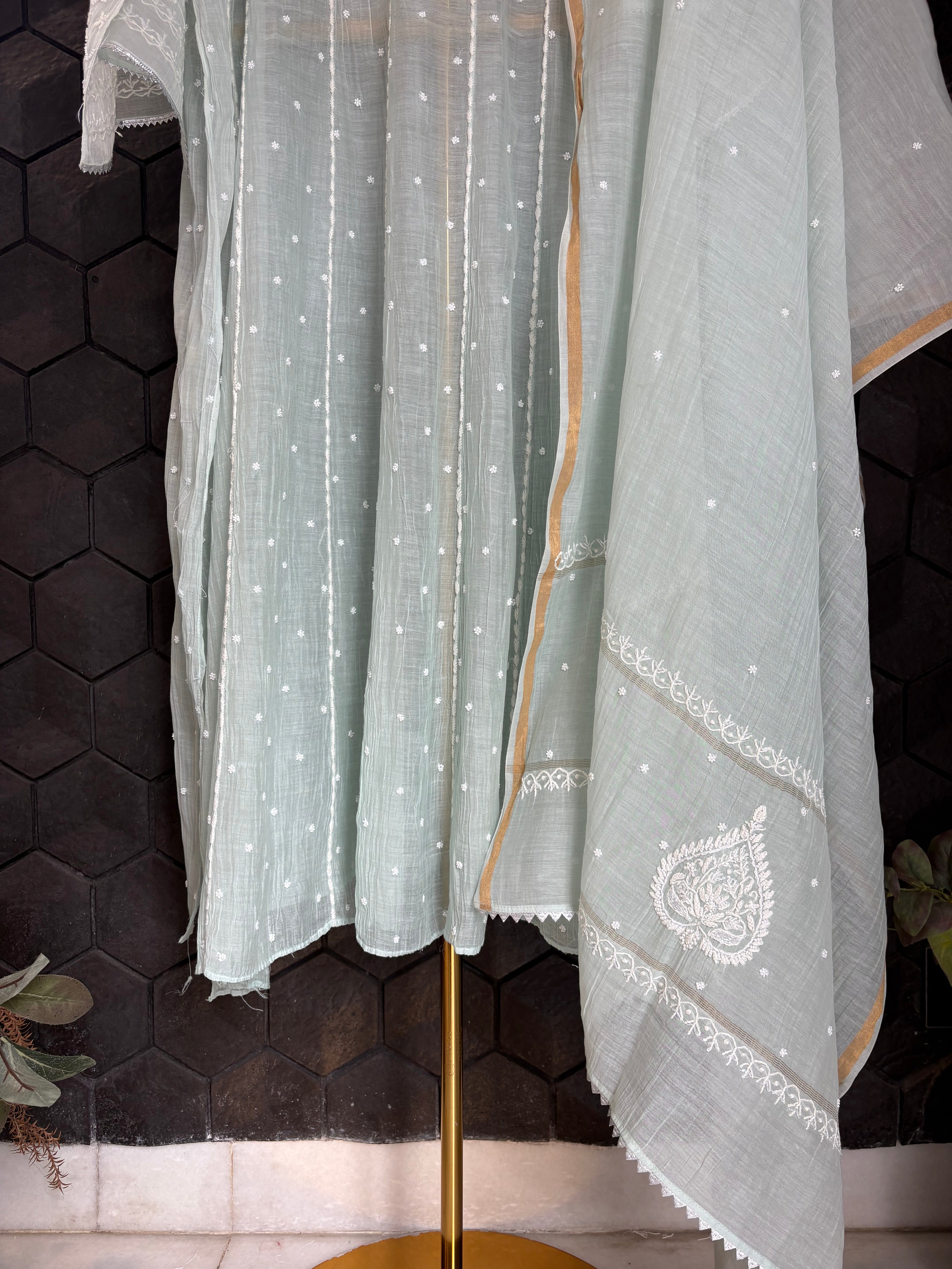 Sea Green Chikankari Mul Chanderi Anarkali Set