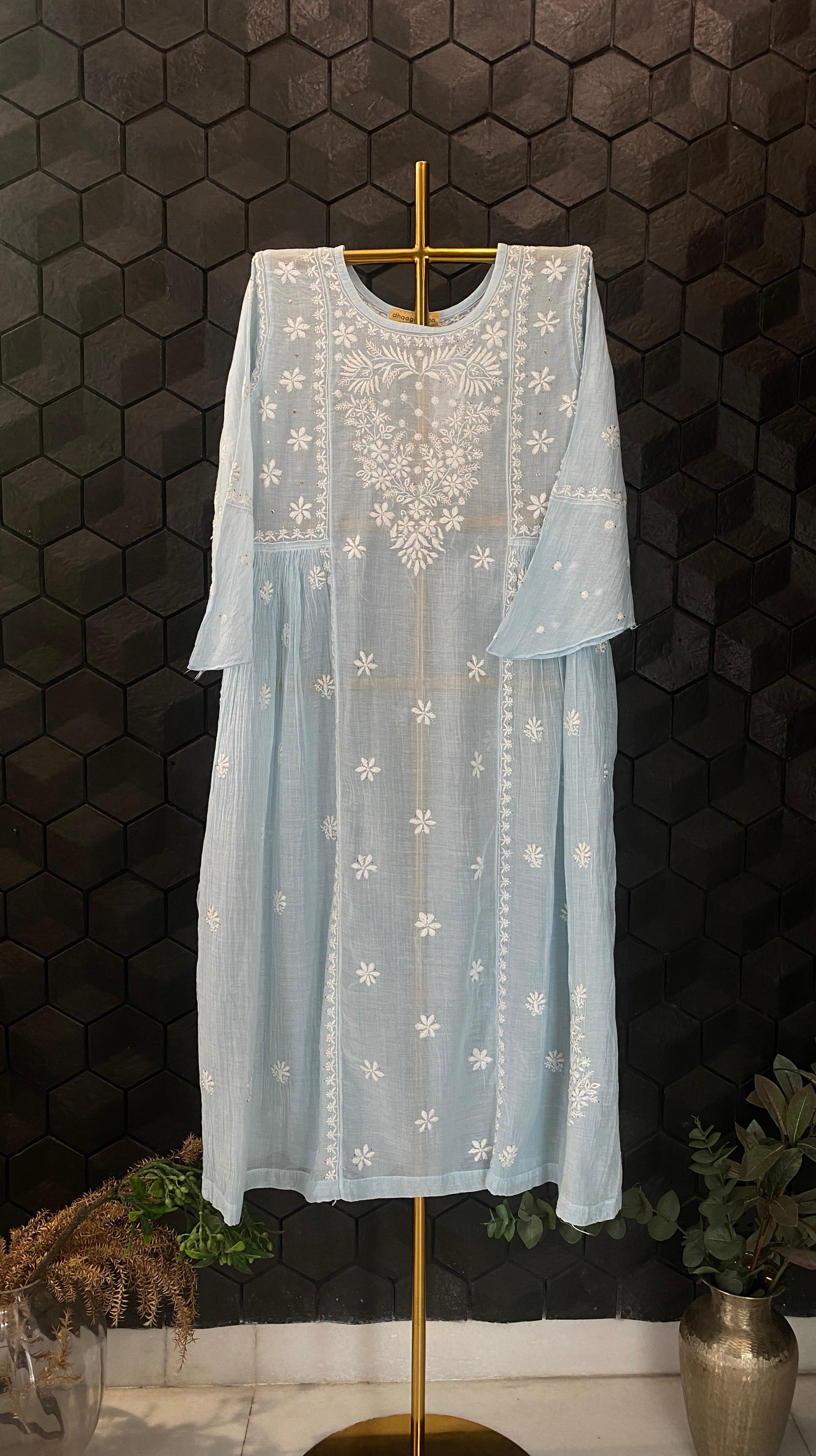 Sky Blue Mul Chanderi Chikankari Tunic