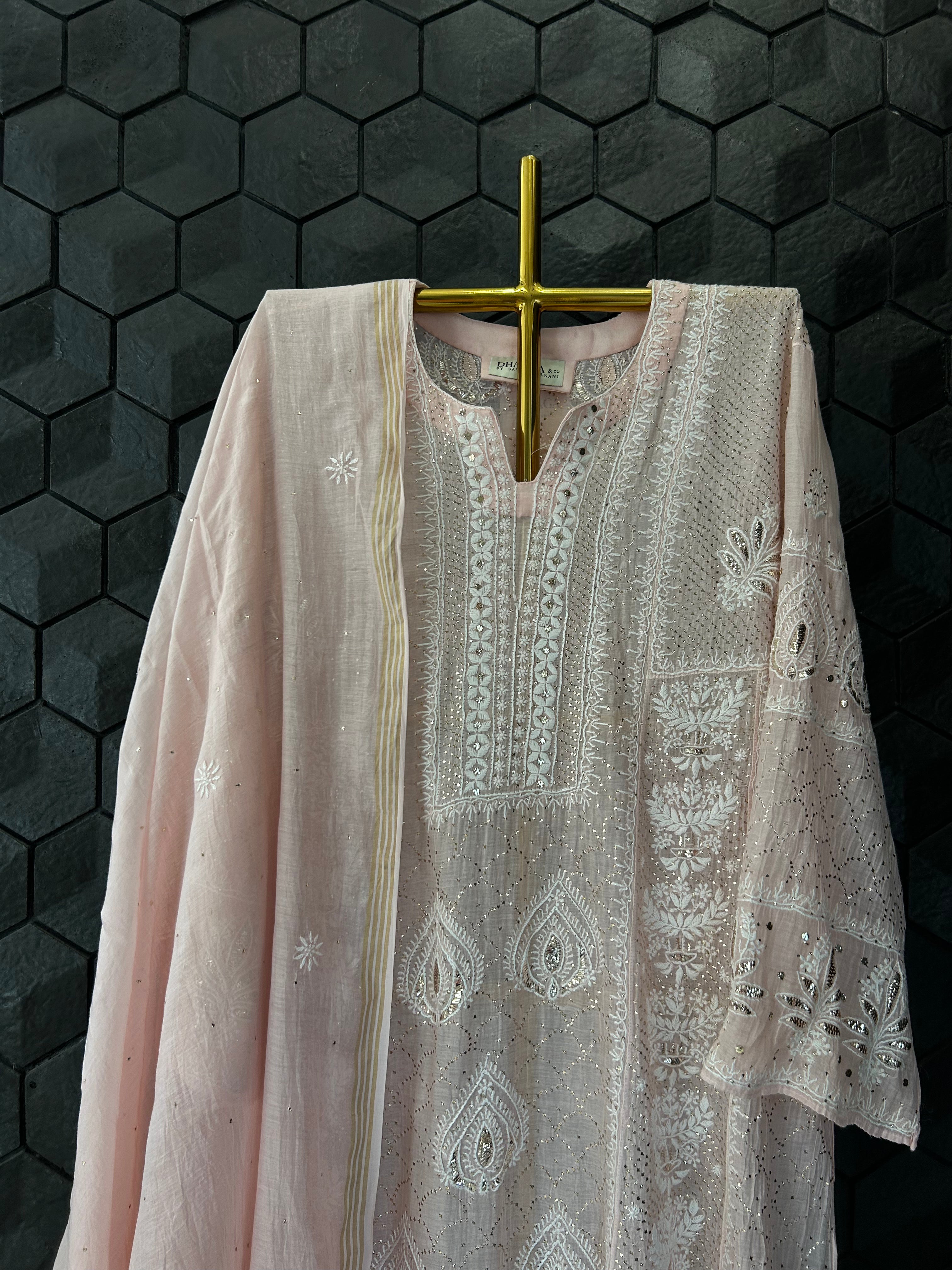 Pink Mul Chanderi Chikankari Mukaish Kurta Set