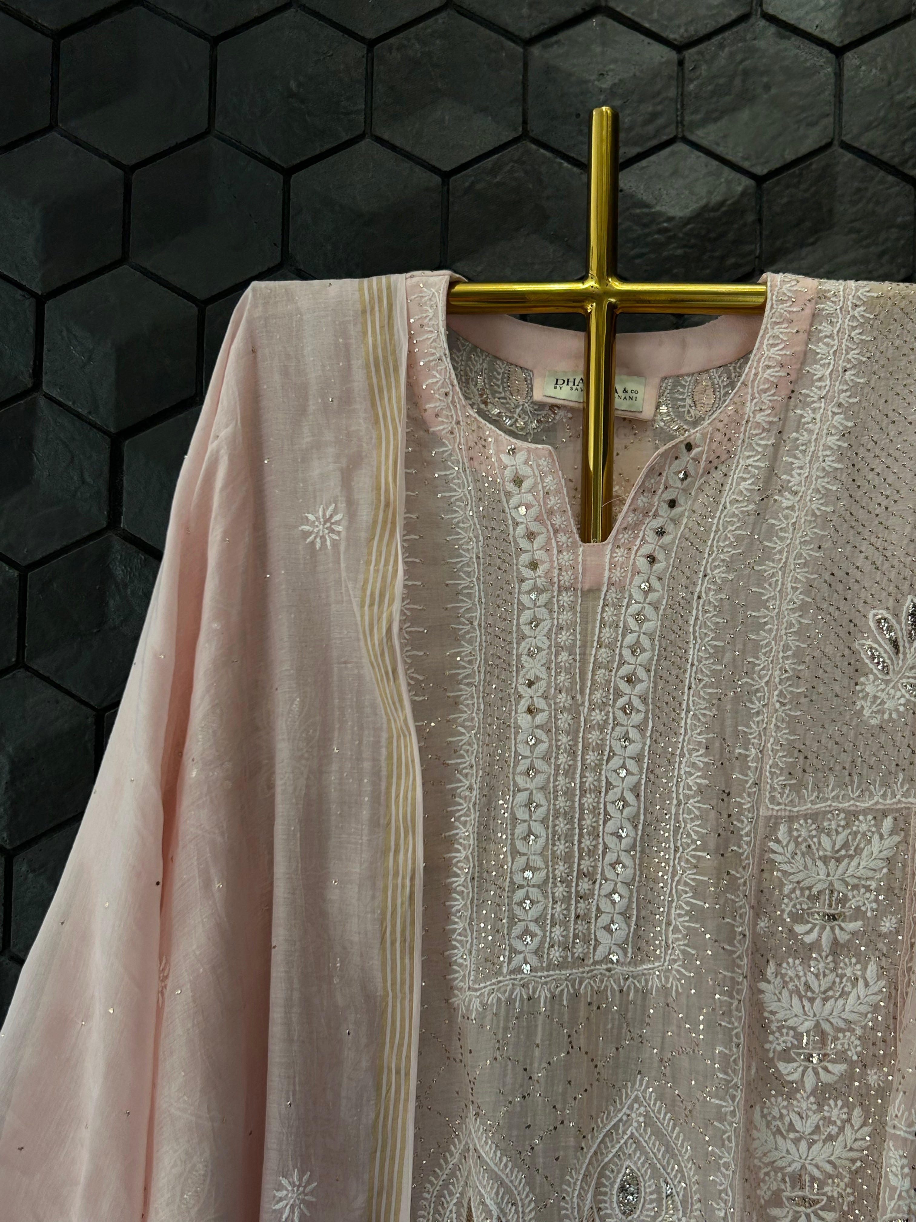 Pink Mul Chanderi Chikankari Mukaish Kurta Set