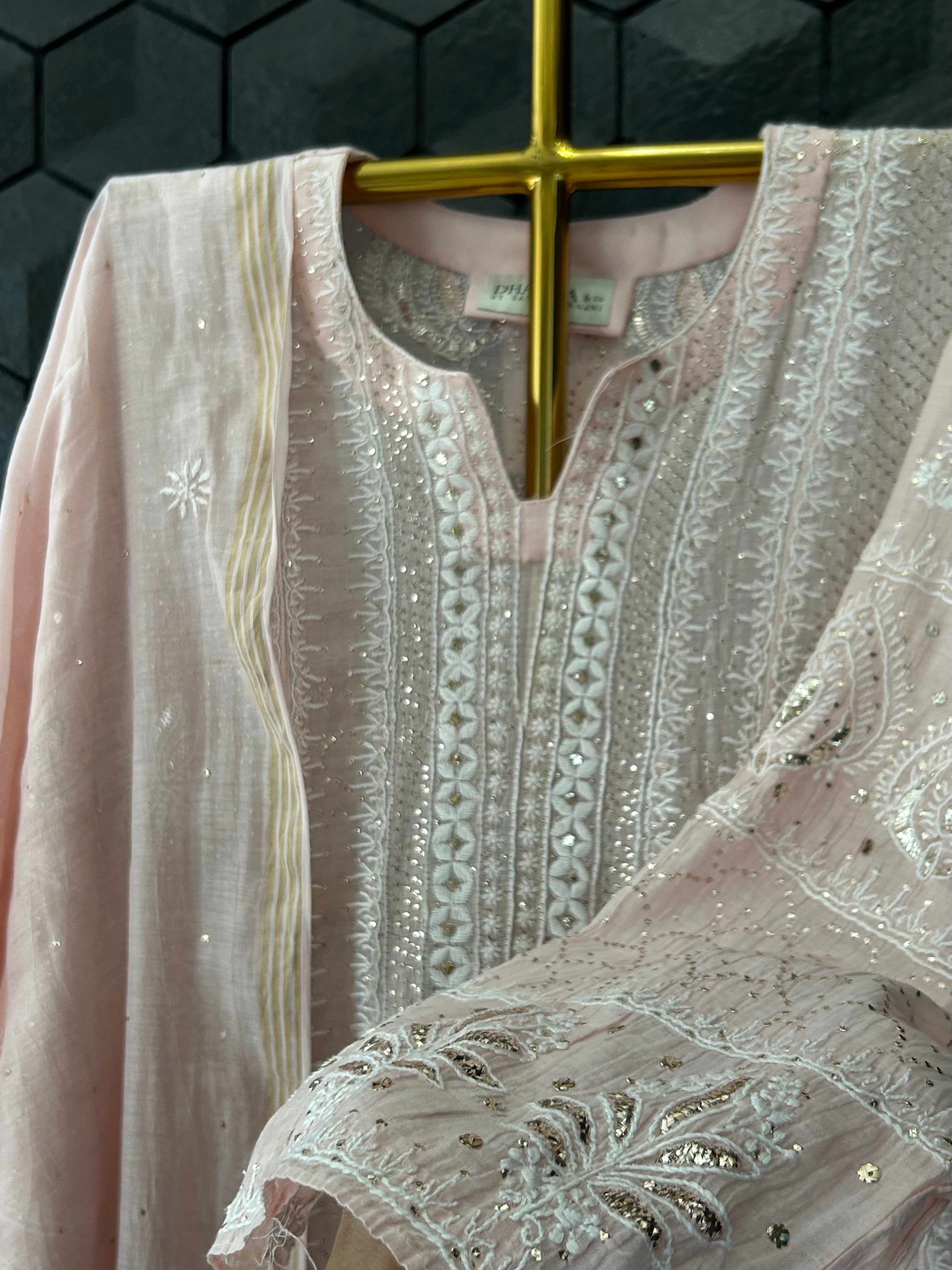 Pink Mul Chanderi Chikankari Mukaish Kurta Set