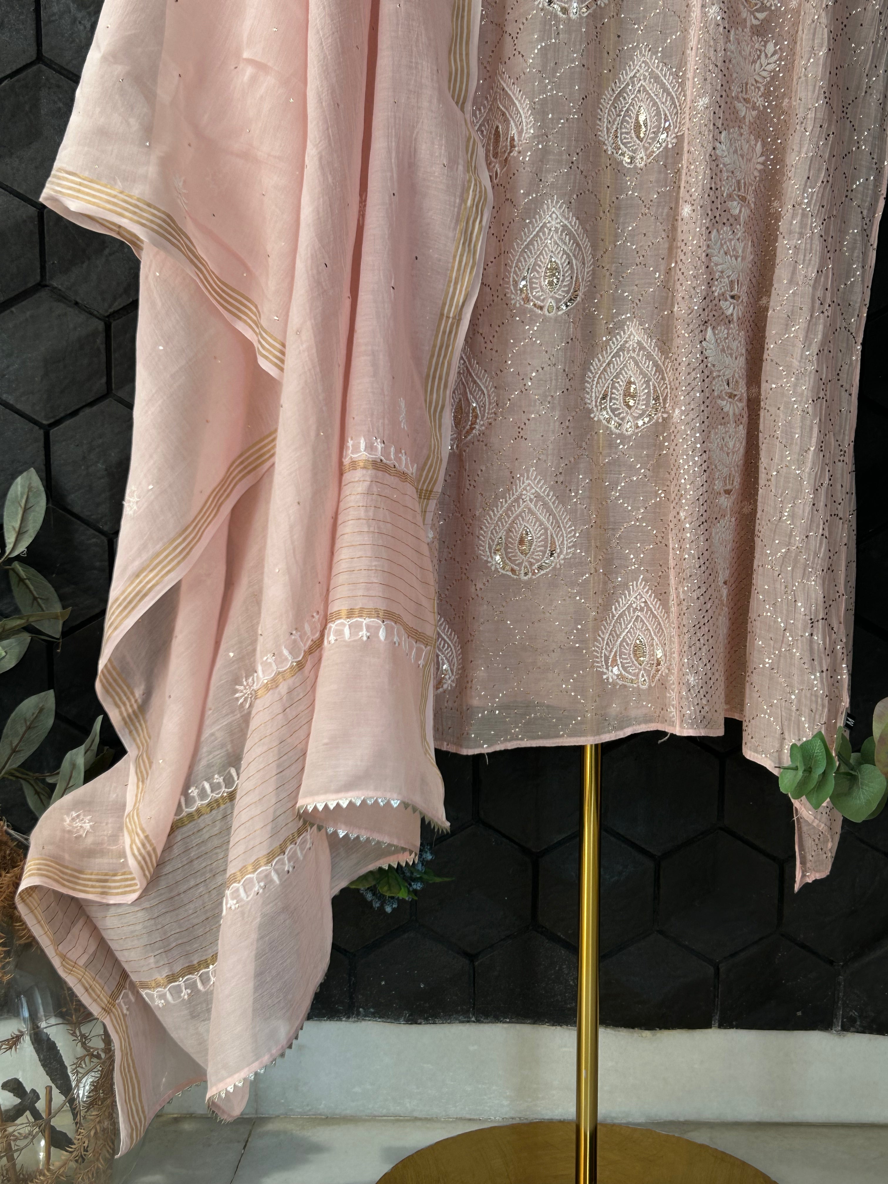 Pink Mul Chanderi Chikankari Mukaish Kurta Set