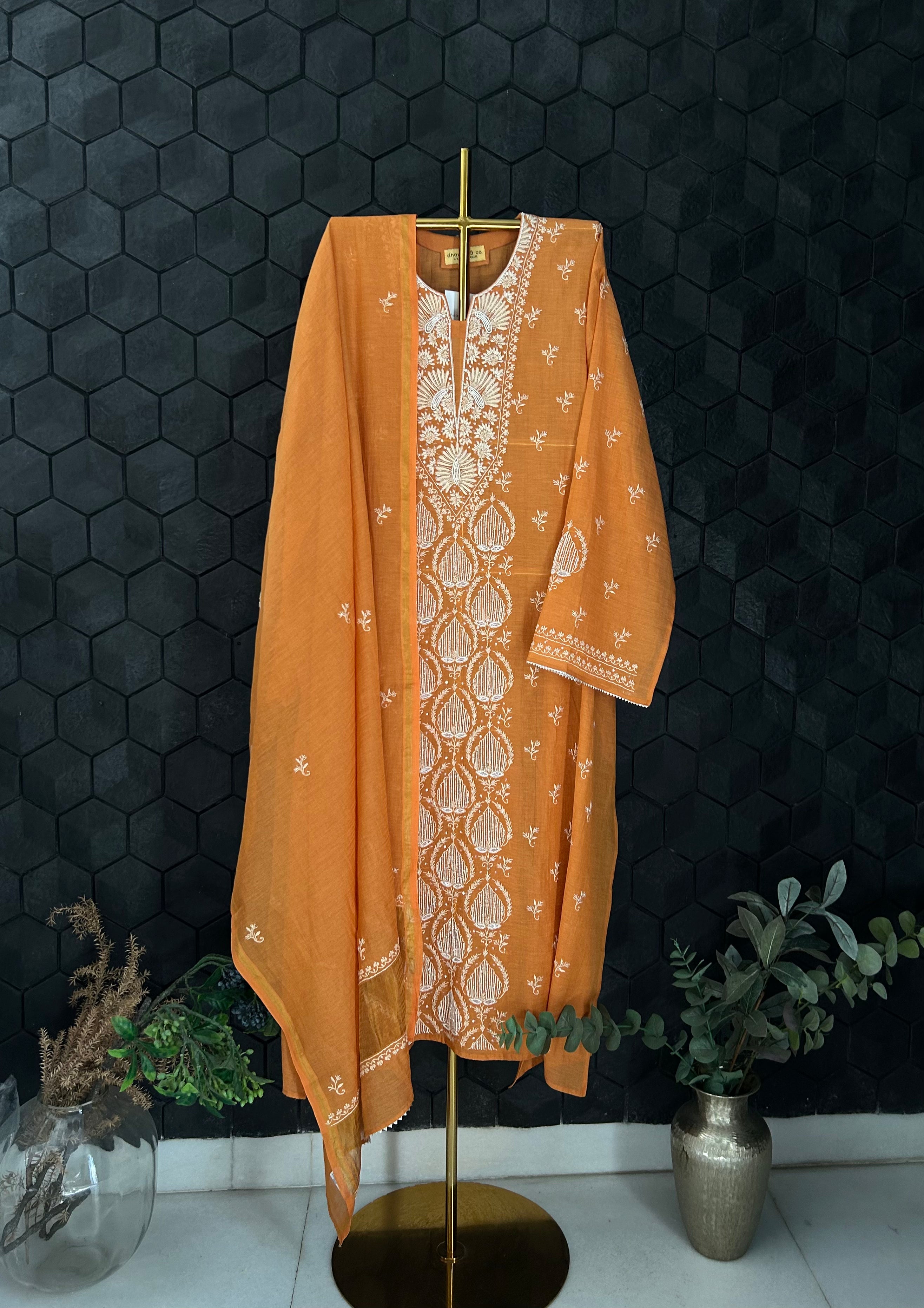 Orange Tissue Chikankari Kurta Set