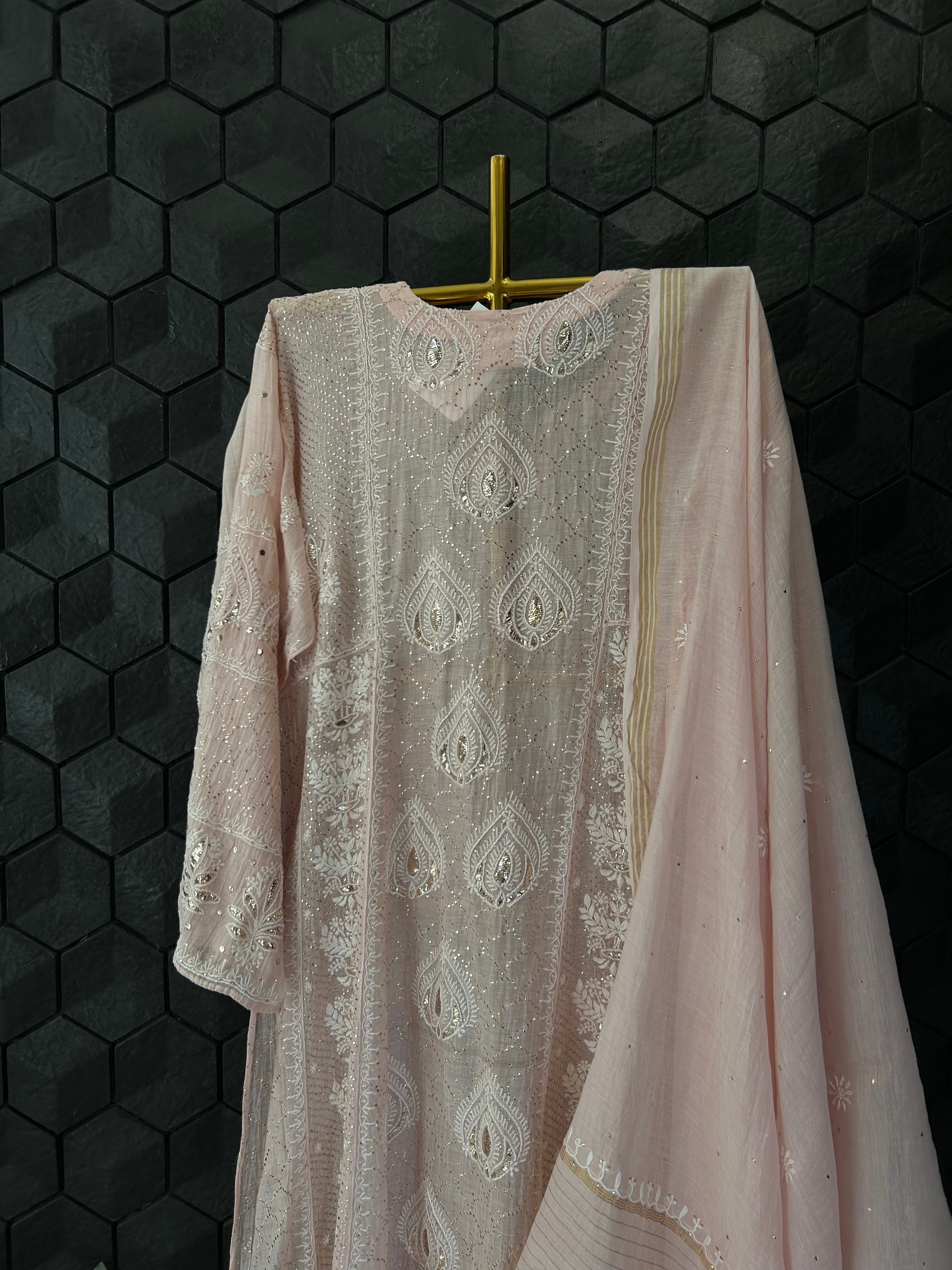 Pink Mul Chanderi Chikankari Mukaish Kurta Set