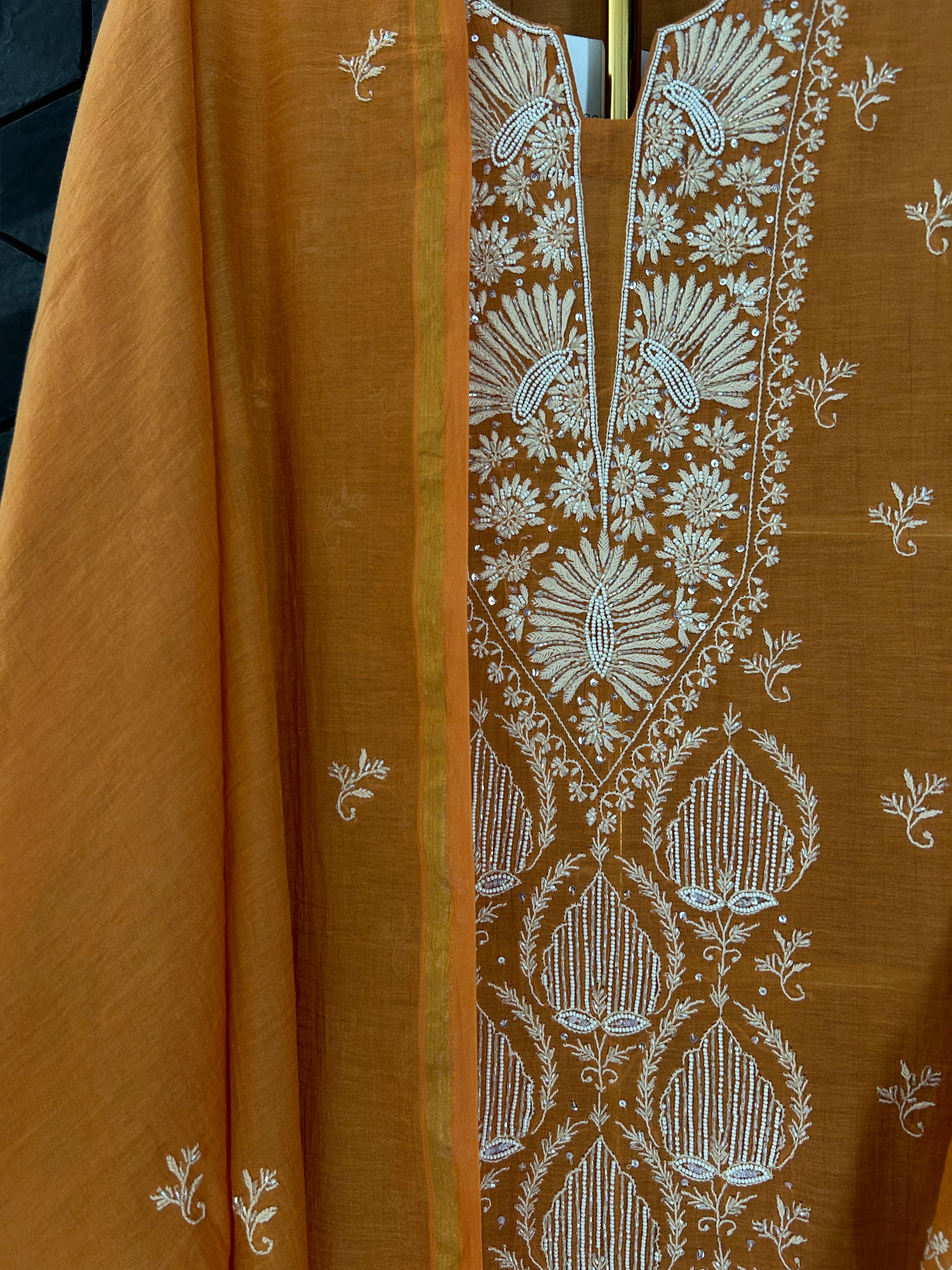 Orange Tissue Chikankari Kurta Set