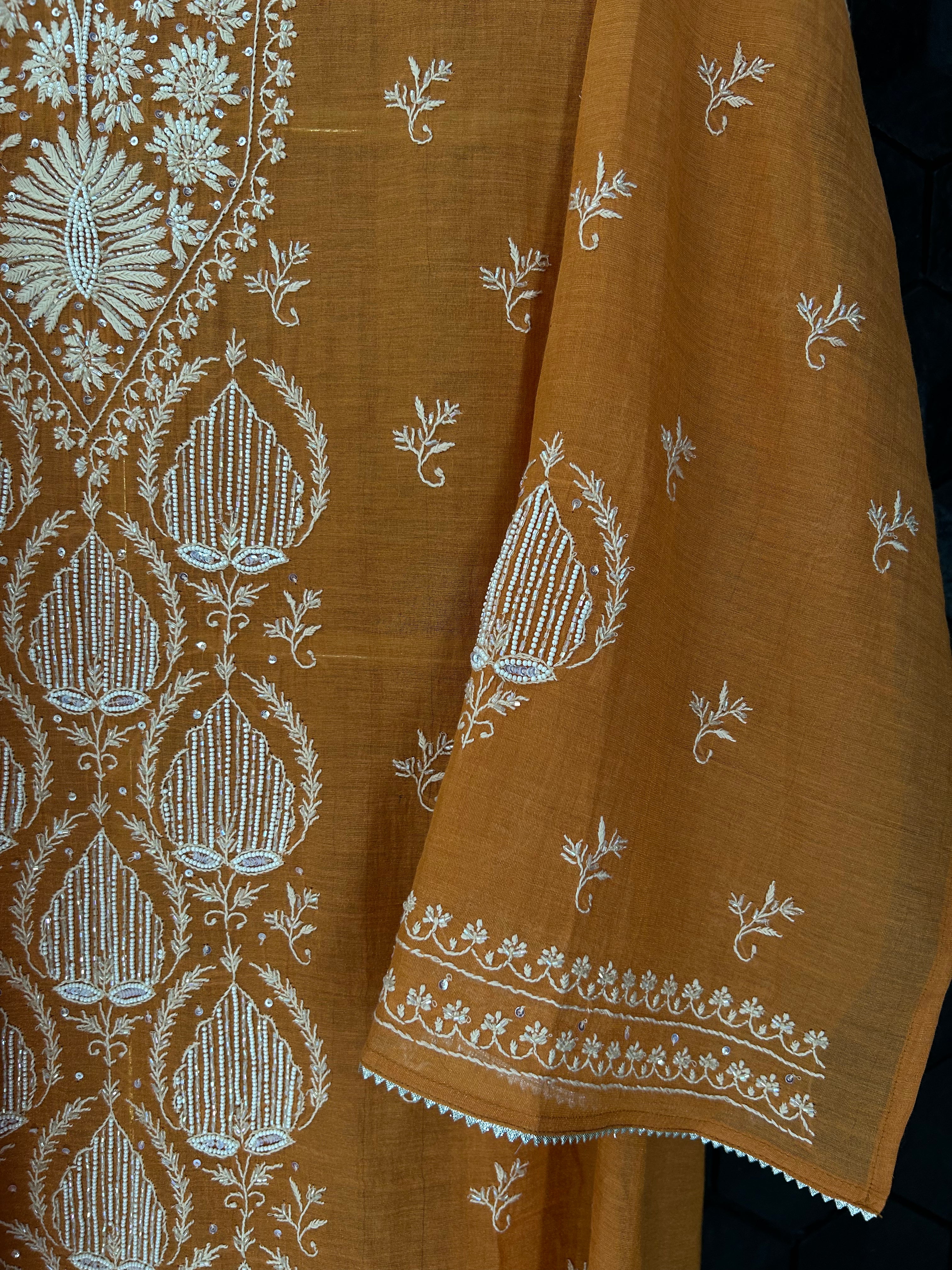 Orange Tissue Chikankari Kurta Set