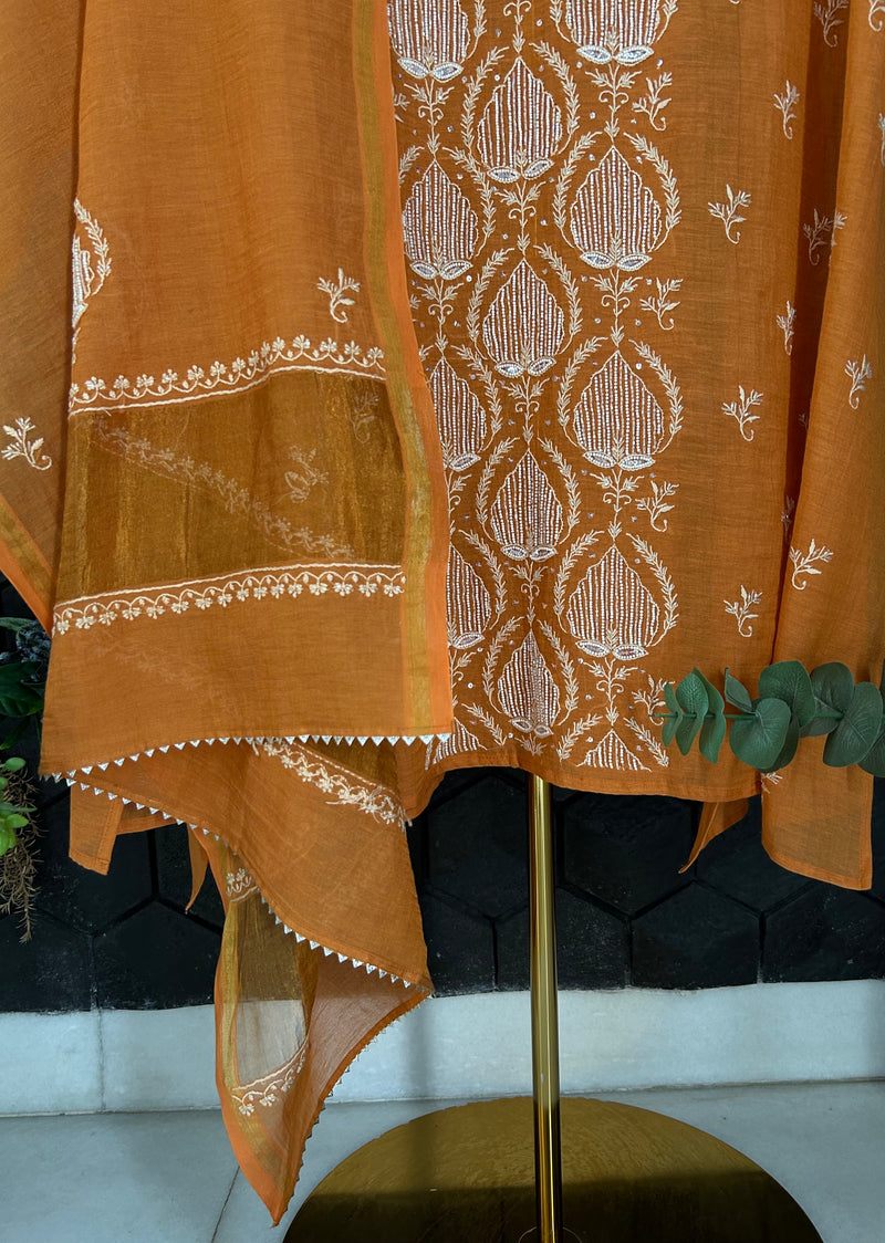 Orange Tissue Chikankari Kurta Set