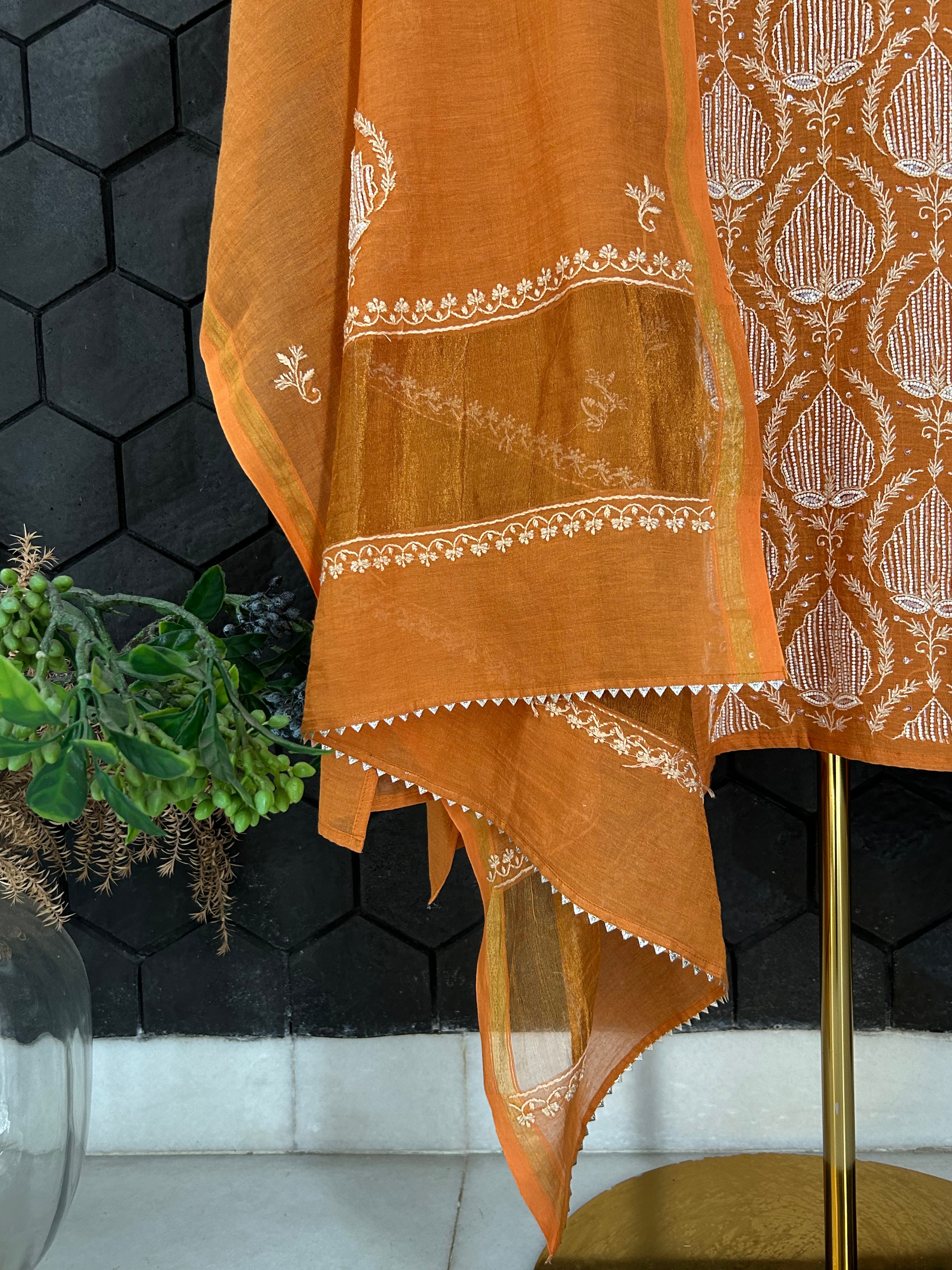 Orange Tissue Chikankari Kurta Set