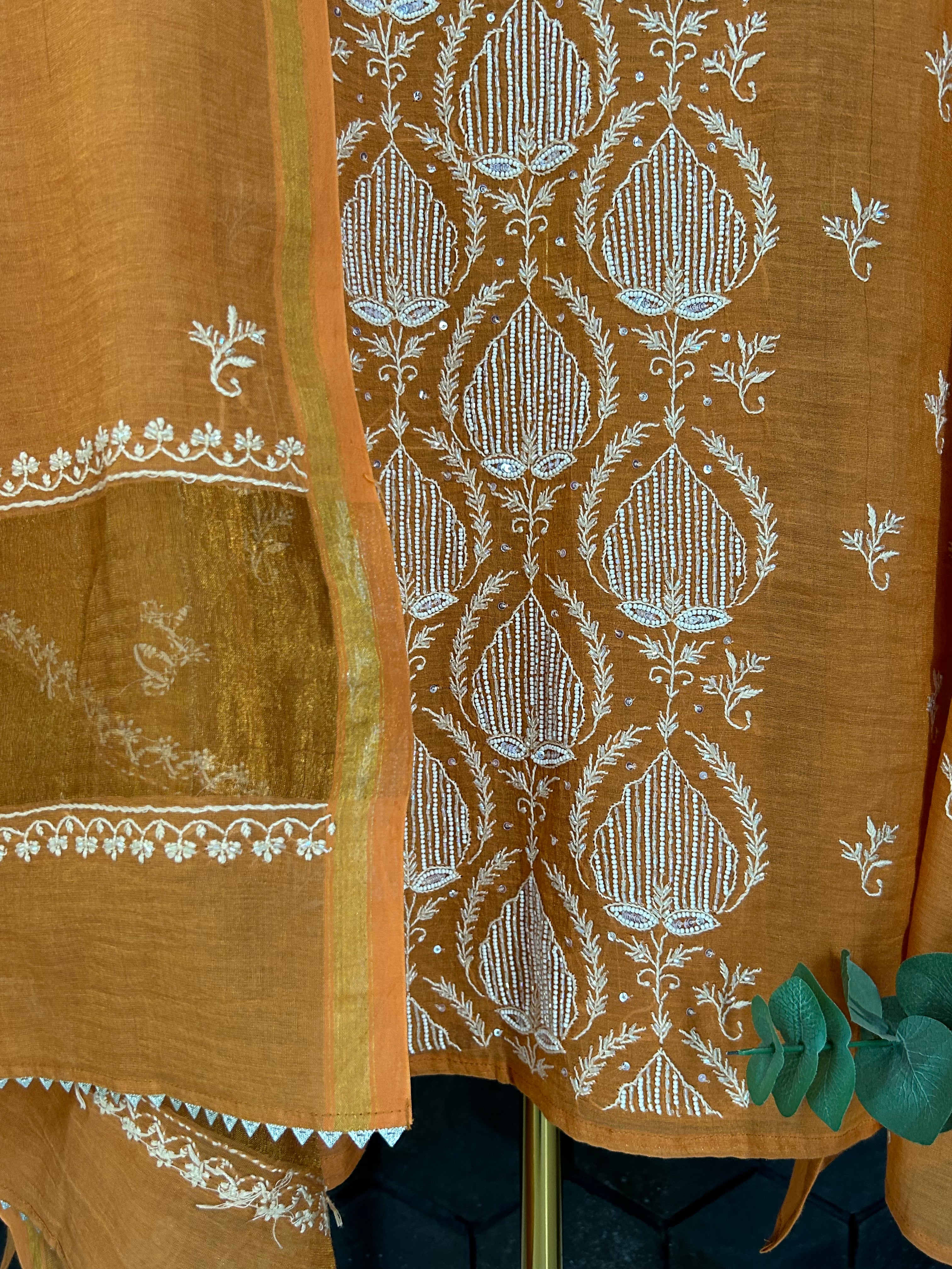 Orange Tissue Chikankari Kurta Set