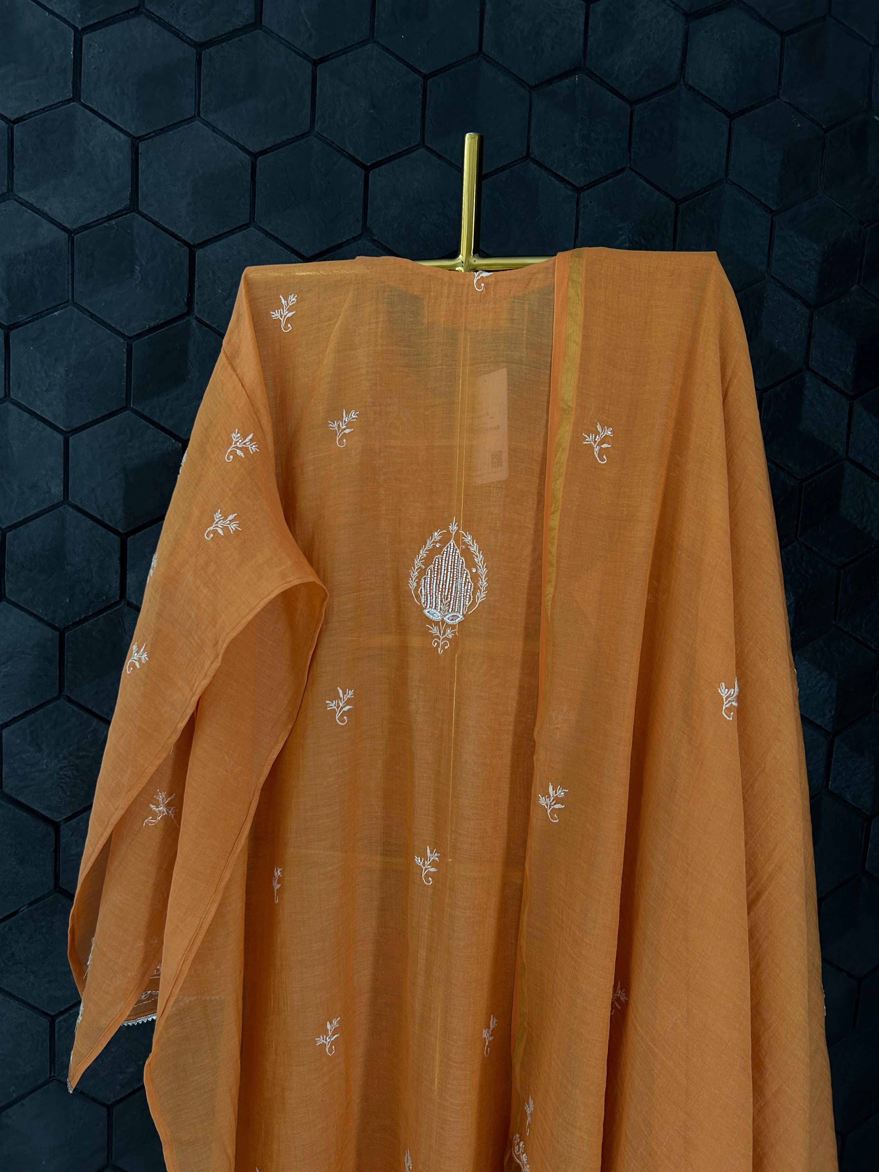 Orange Tissue Chikankari Kurta Set