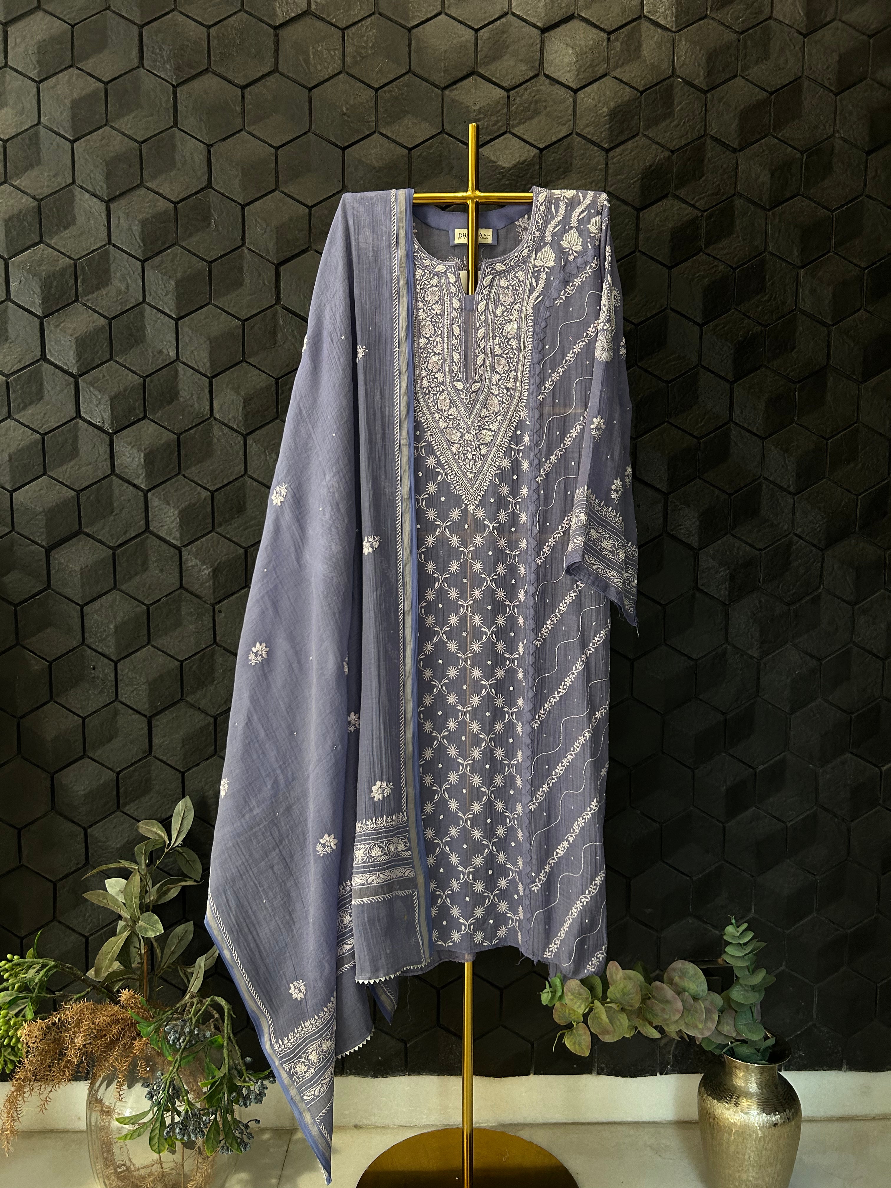 New Purple Silver Tissue Chikankari Kurta Set