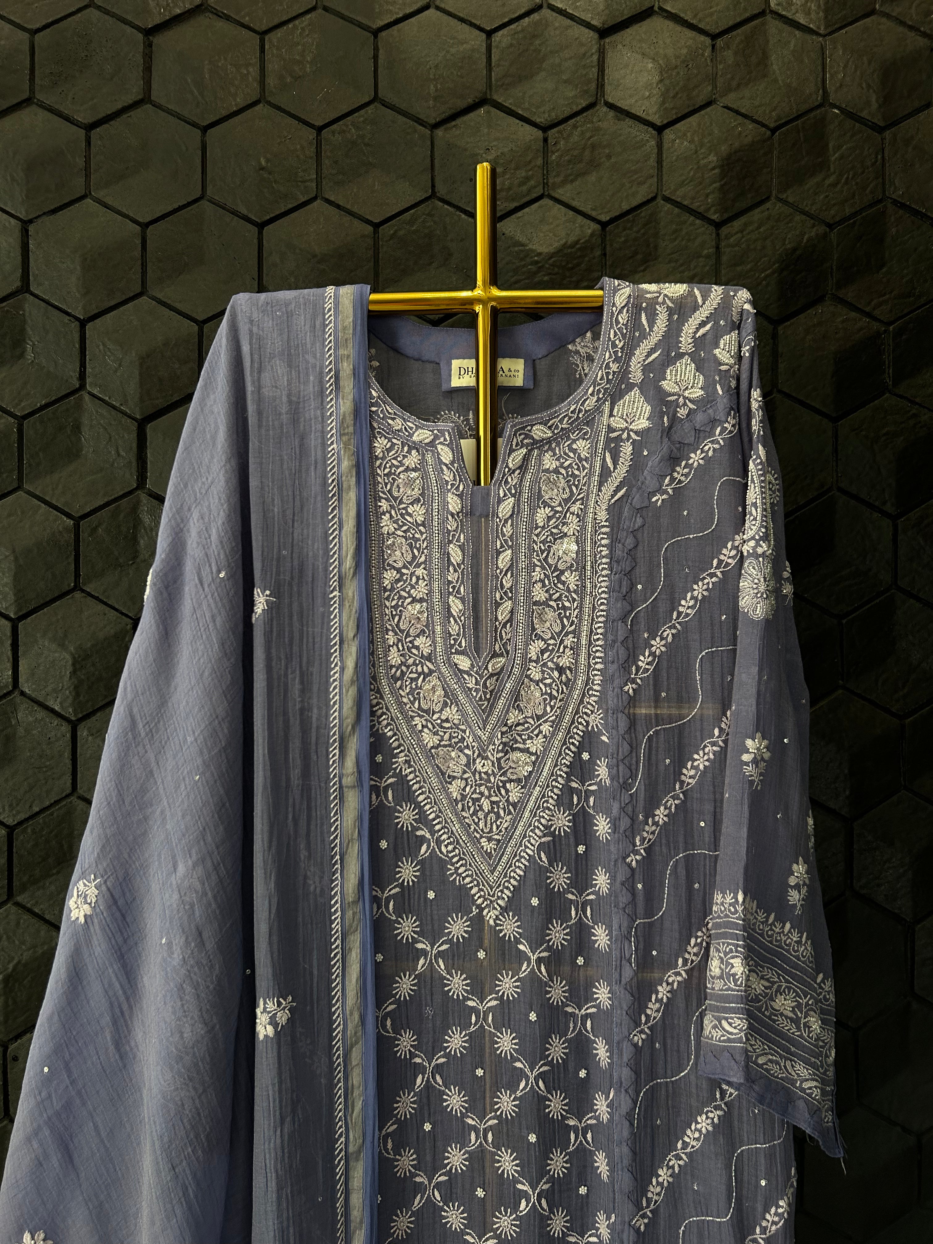 New Purple Silver Tissue Chikankari Kurta Set