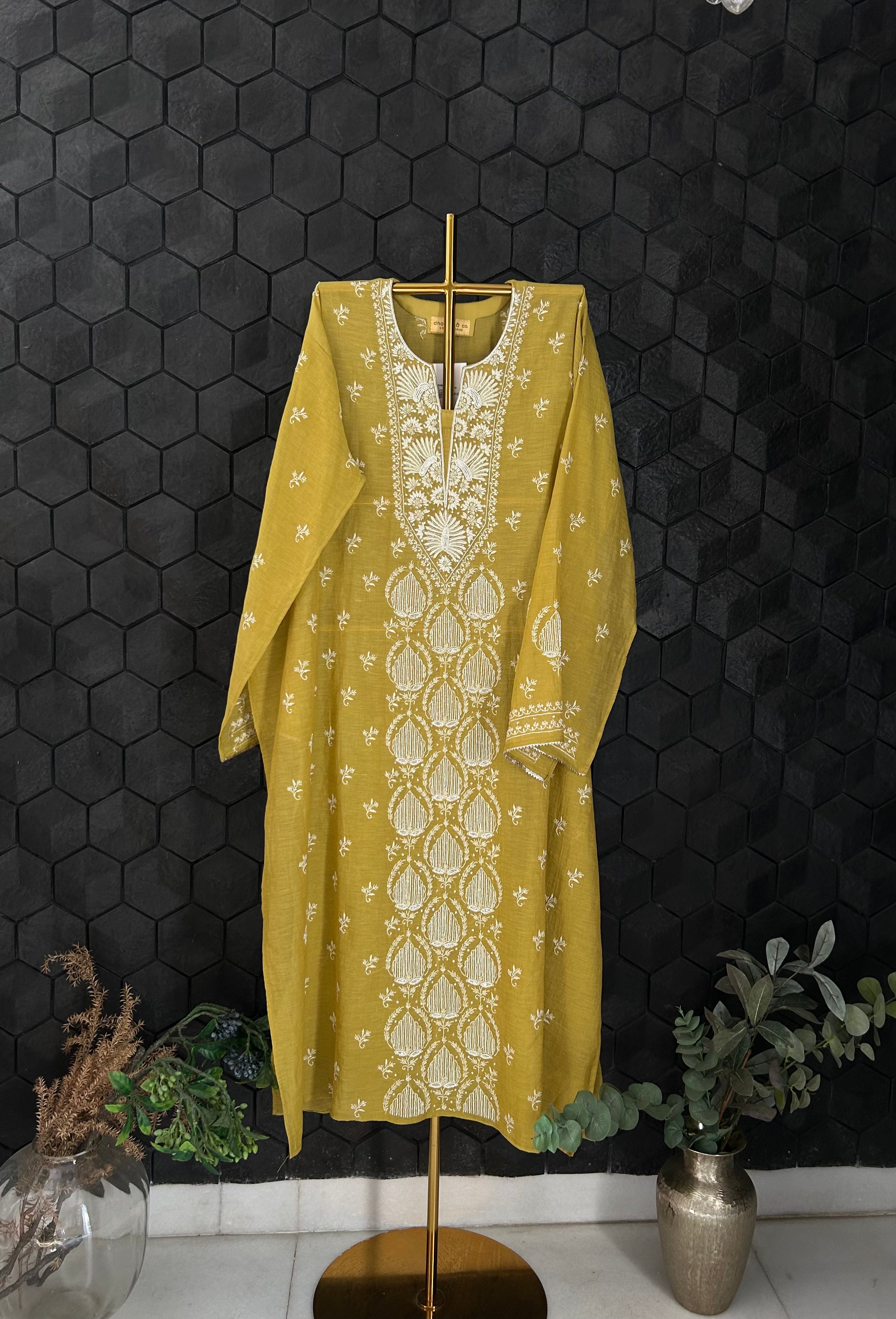 Lime Green Tissue Chikankari Kurta Set