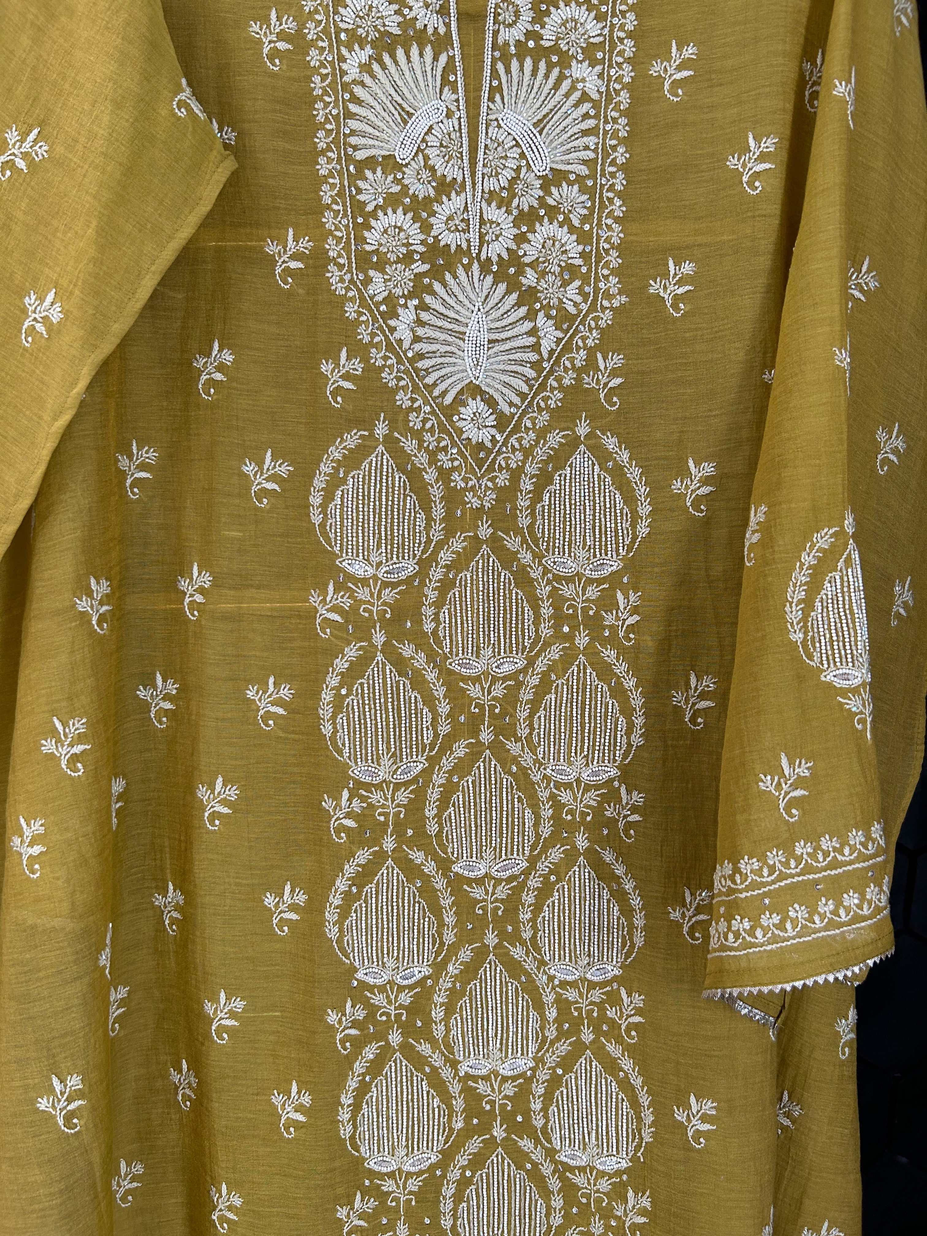 Lime Green Tissue Chikankari Kurta Set